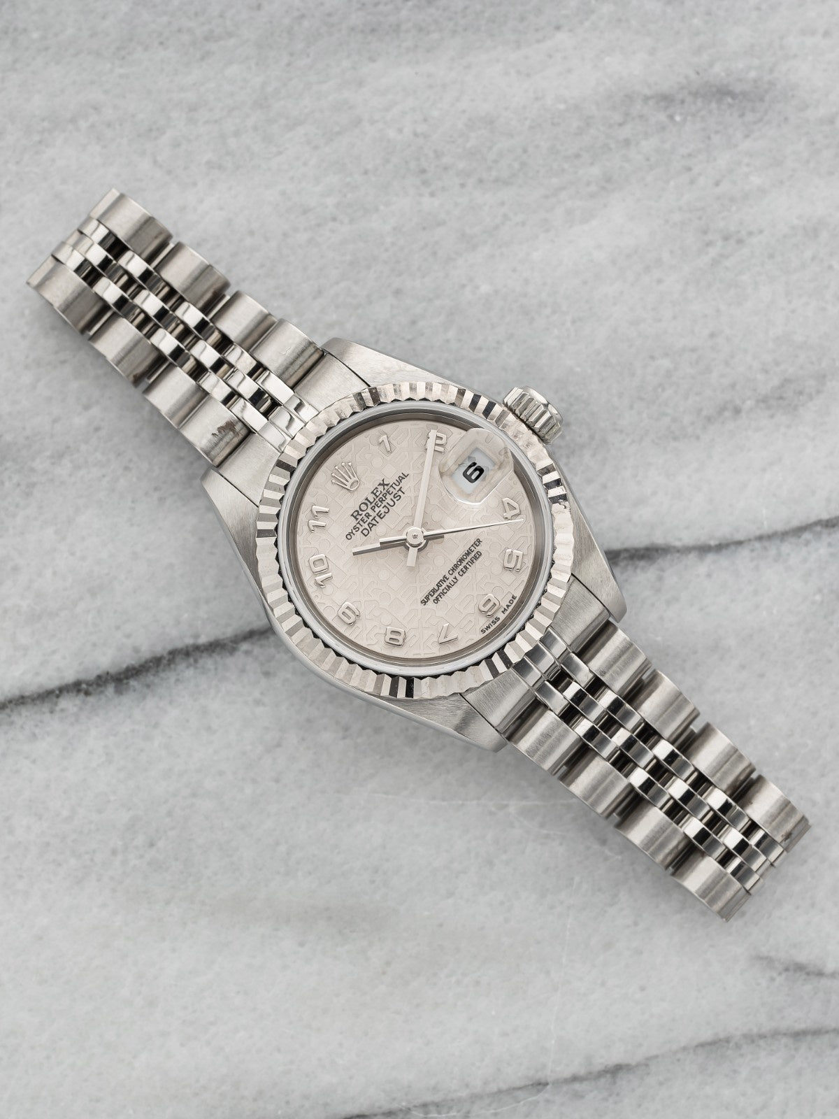 Vintage 1996 Rolex Lady Datejust 69174 18K WG Bezel Motif Arabic Dial 26mm