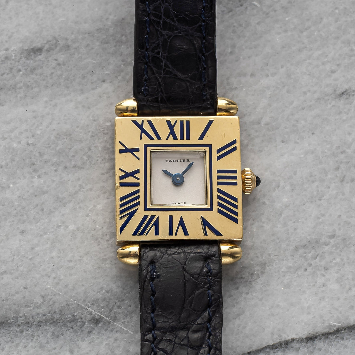 Vintage Cartier Ladies Tank Obus 80s Quartz Blue Enamel Bezel 20mm 18K Gold