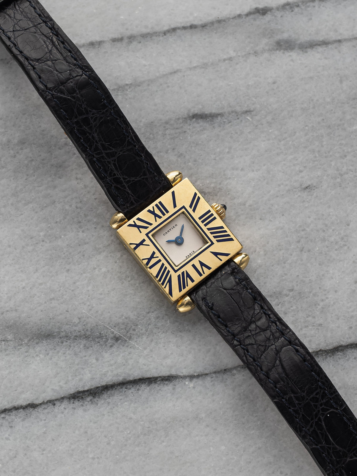 Vintage Cartier Ladies Tank Obus 80s Quartz Blue Enamel Bezel 20mm 18K Gold