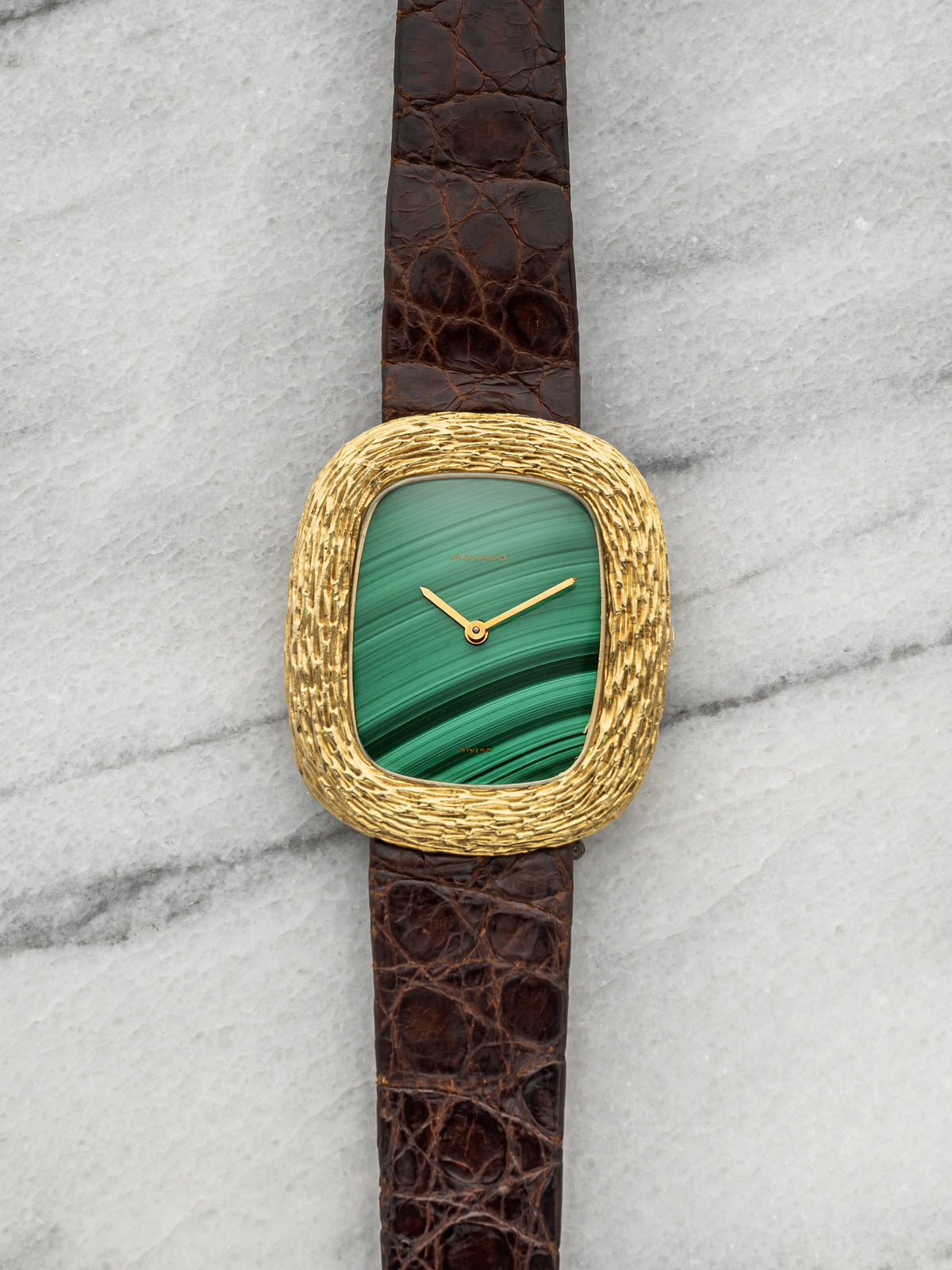 Vintage 1970s Movado Ellipse 18K Yellow Gold Malachite Stone Dial Manual 32mm