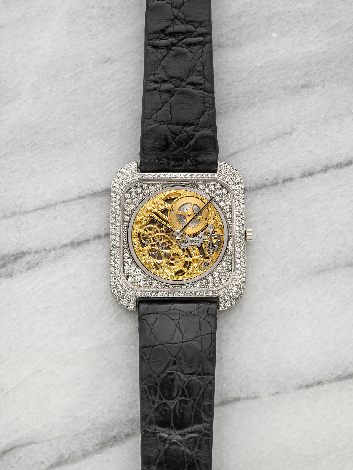 Vintage 1970s Vacheron Constantin Carree Skeleton 33514 TT 18K Gold Diamond 31mm