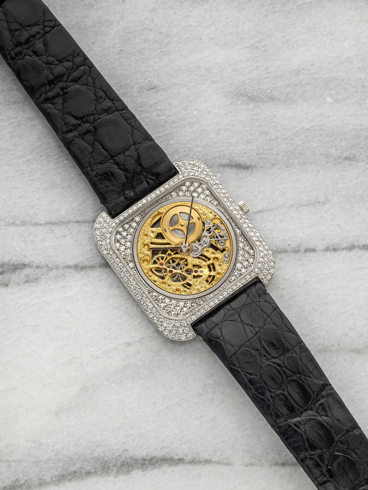 Vintage 1970s Vacheron Constantin Carree Skeleton 33514 TT 18K Gold Diamond 31mm
