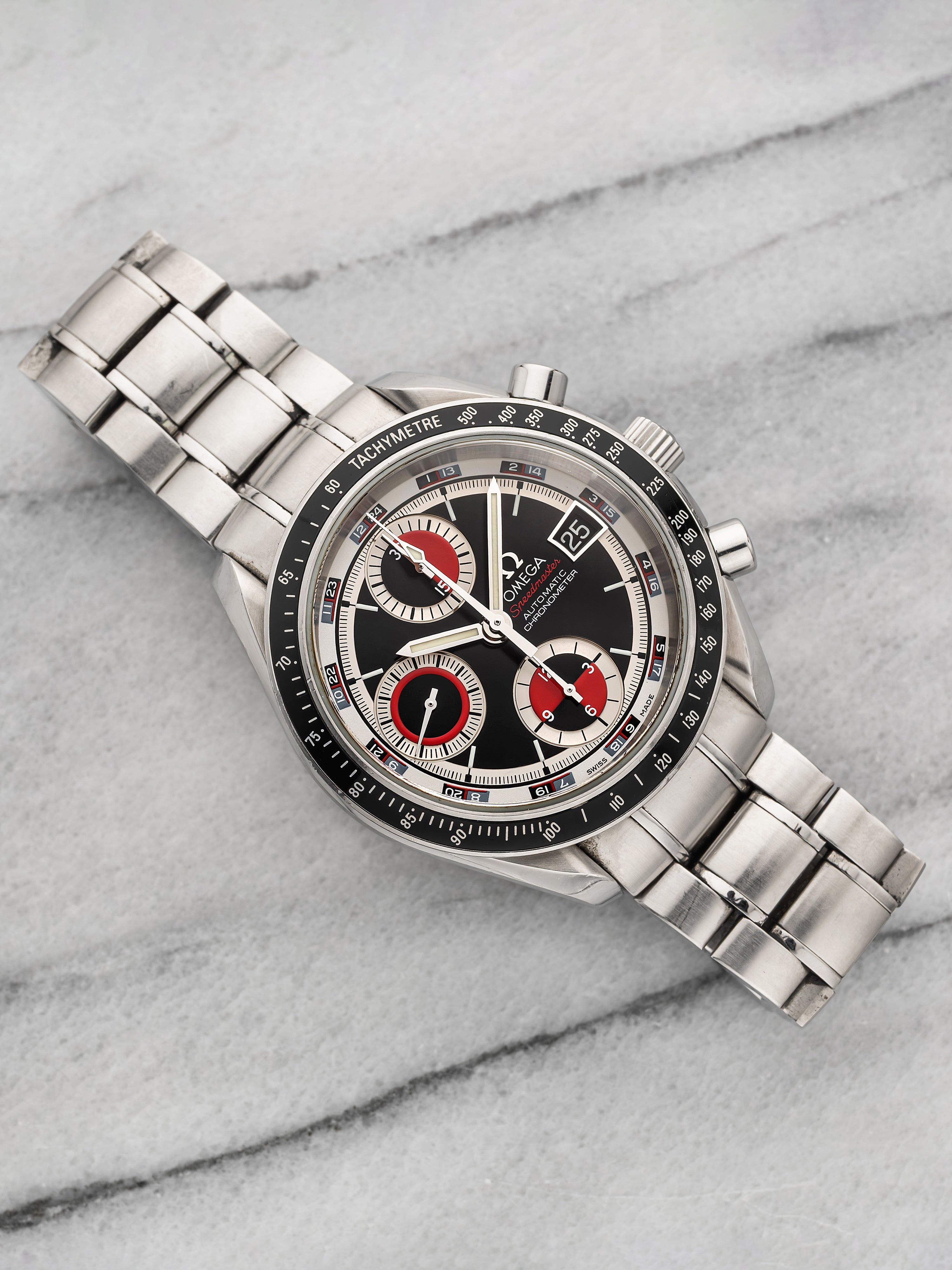 2000s Omega Speedmaster Date 3210.52.00 Stainless Steel Black Red Dial Auto 40mm