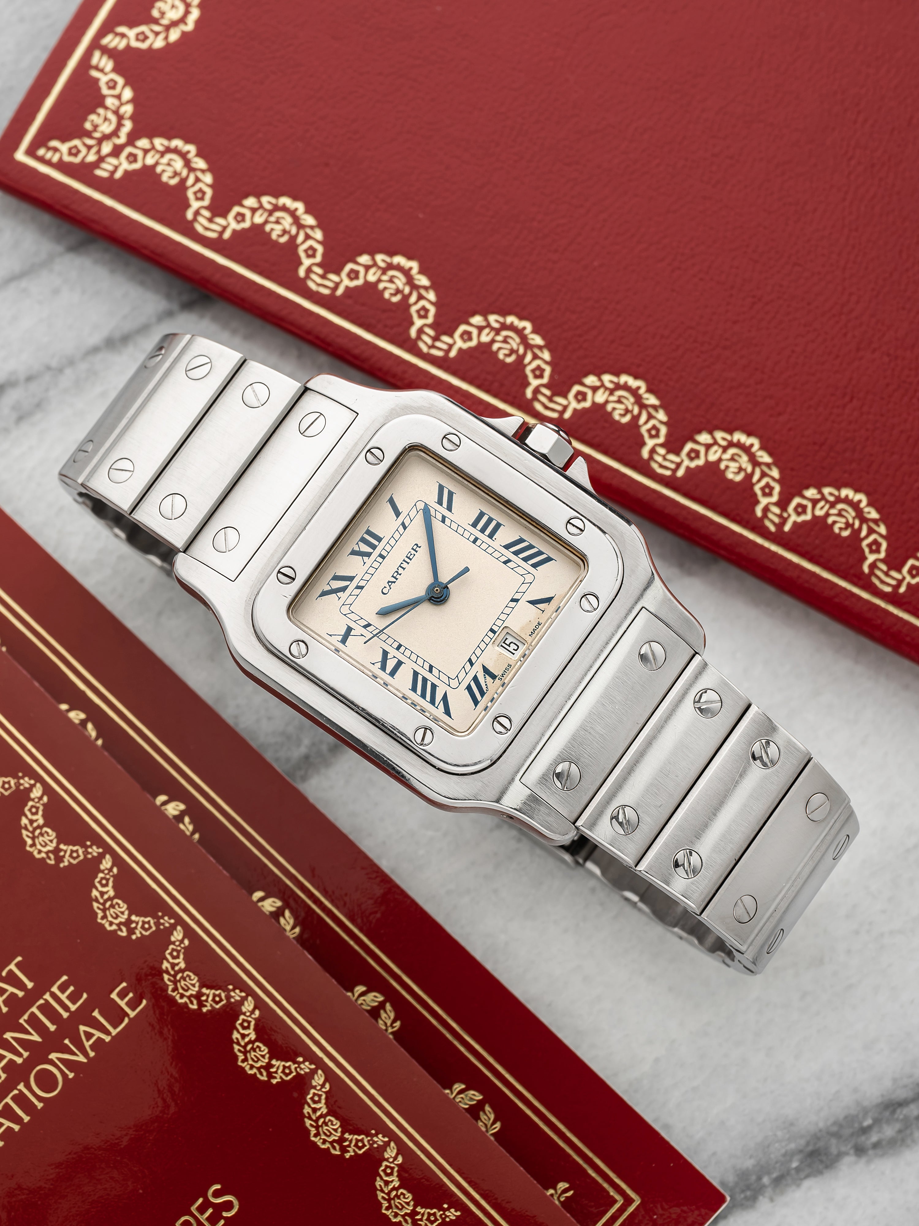 Vintage 1990s Cartier Santos Galbee 987901 Steel Cream Roman Dial Quartz 29mm