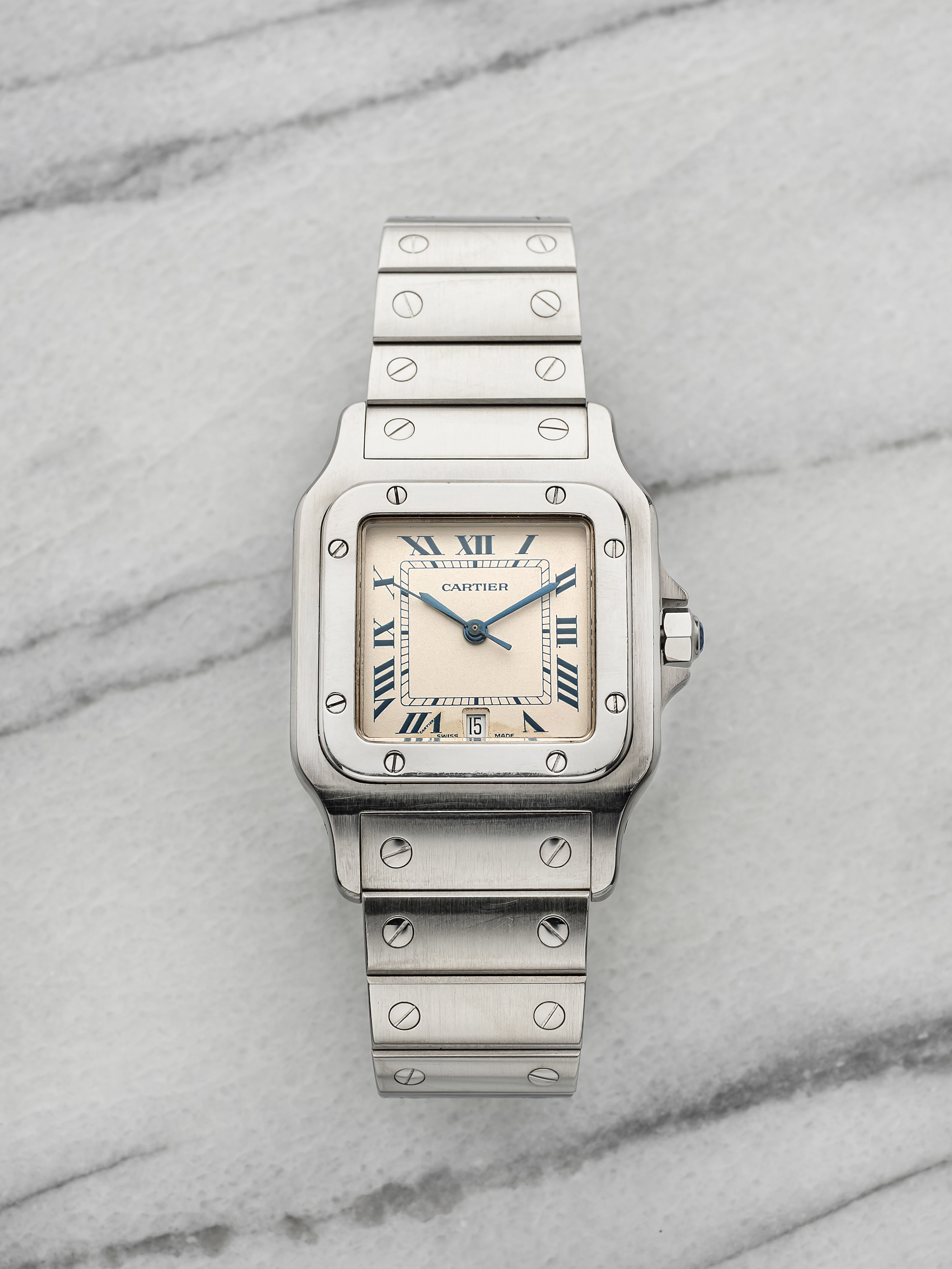 Vintage 1990s Cartier Santos Galbee 987901 Steel Cream Roman Dial Quartz 29mm