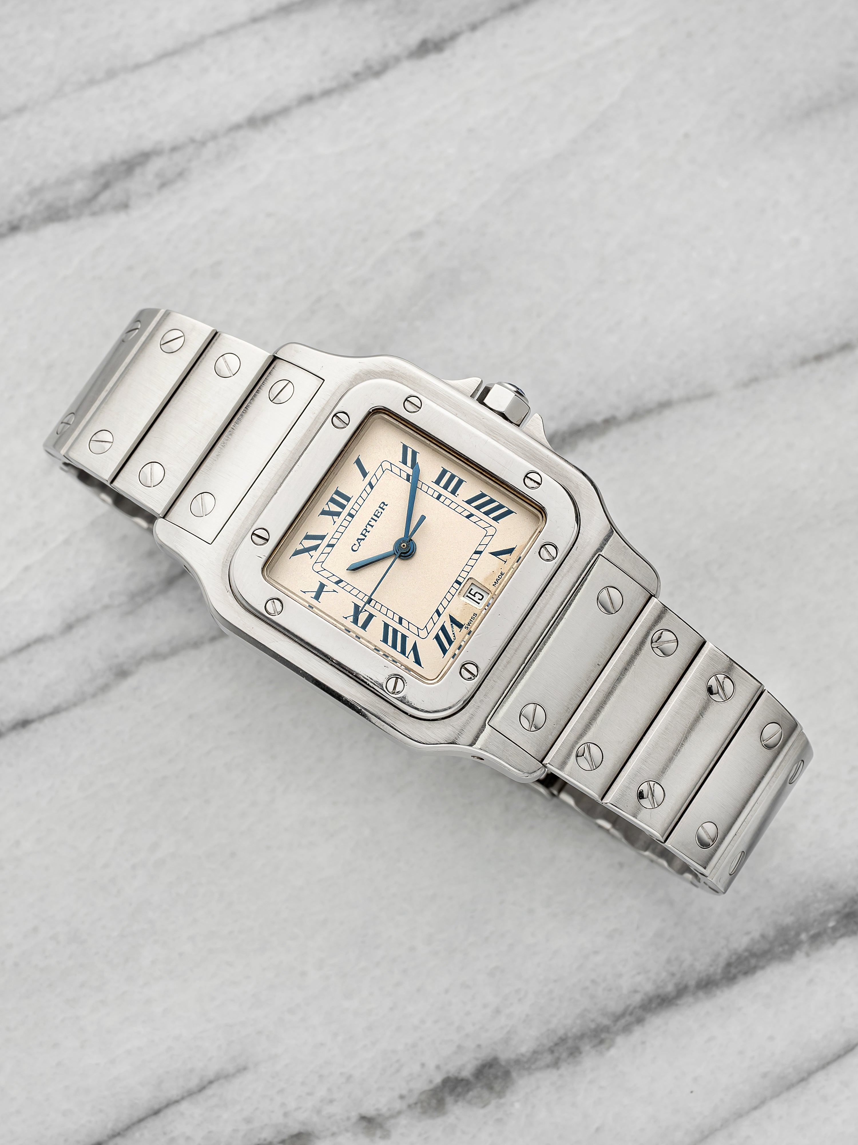 Vintage 1990s Cartier Santos Galbee 987901 Steel Cream Roman Dial Quartz 29mm