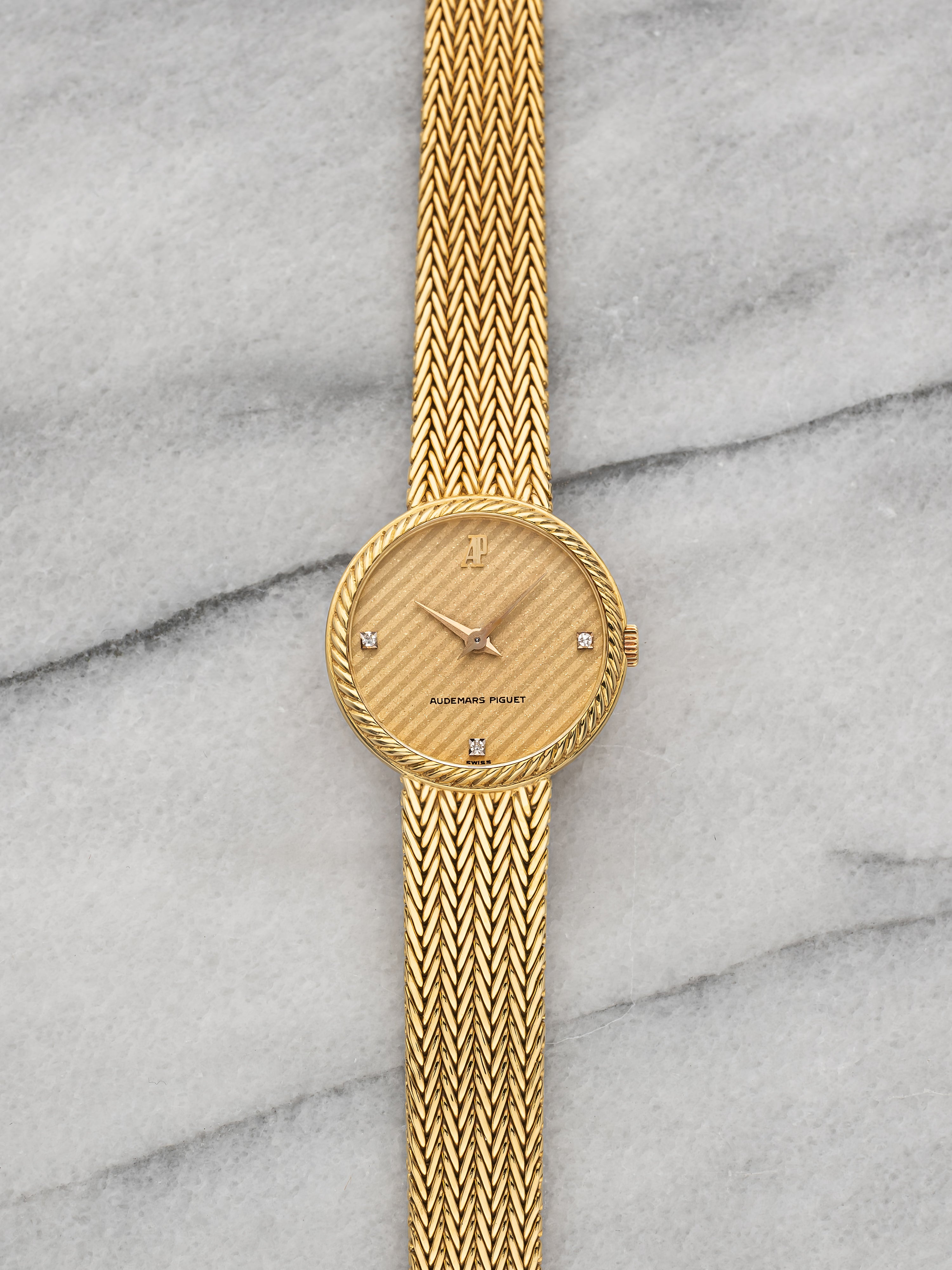 ~1980s Audemars Piguet Ladies Watch 18K Yellow Gold Textured Diamond Dial Manual