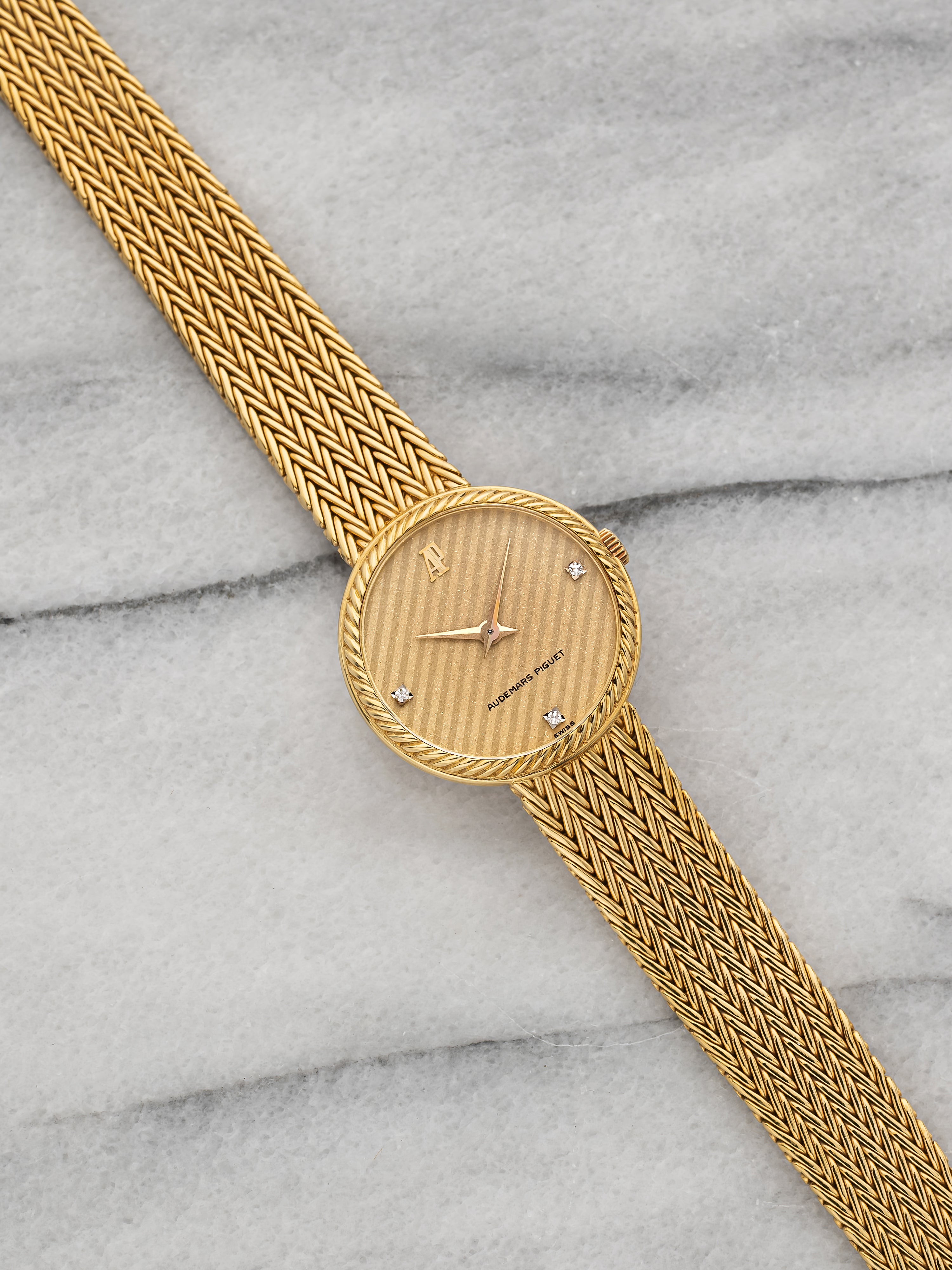 ~1980s Audemars Piguet Ladies Watch 18K Yellow Gold Textured Diamond Dial Manual