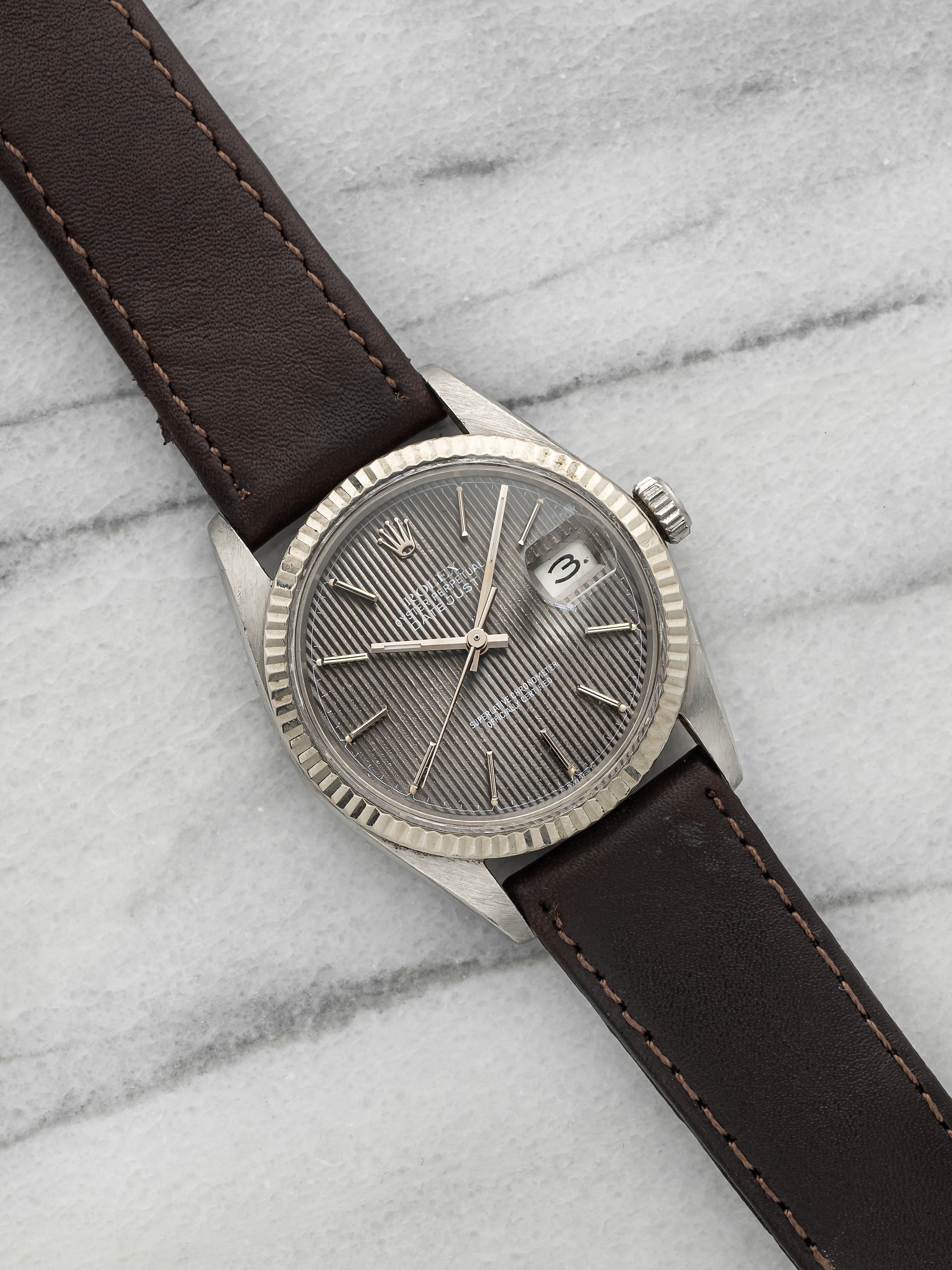 Vintage 1982 Rolex Datejust 16014 Steel Grey Tapestry Dial White Gold Auto 36mm