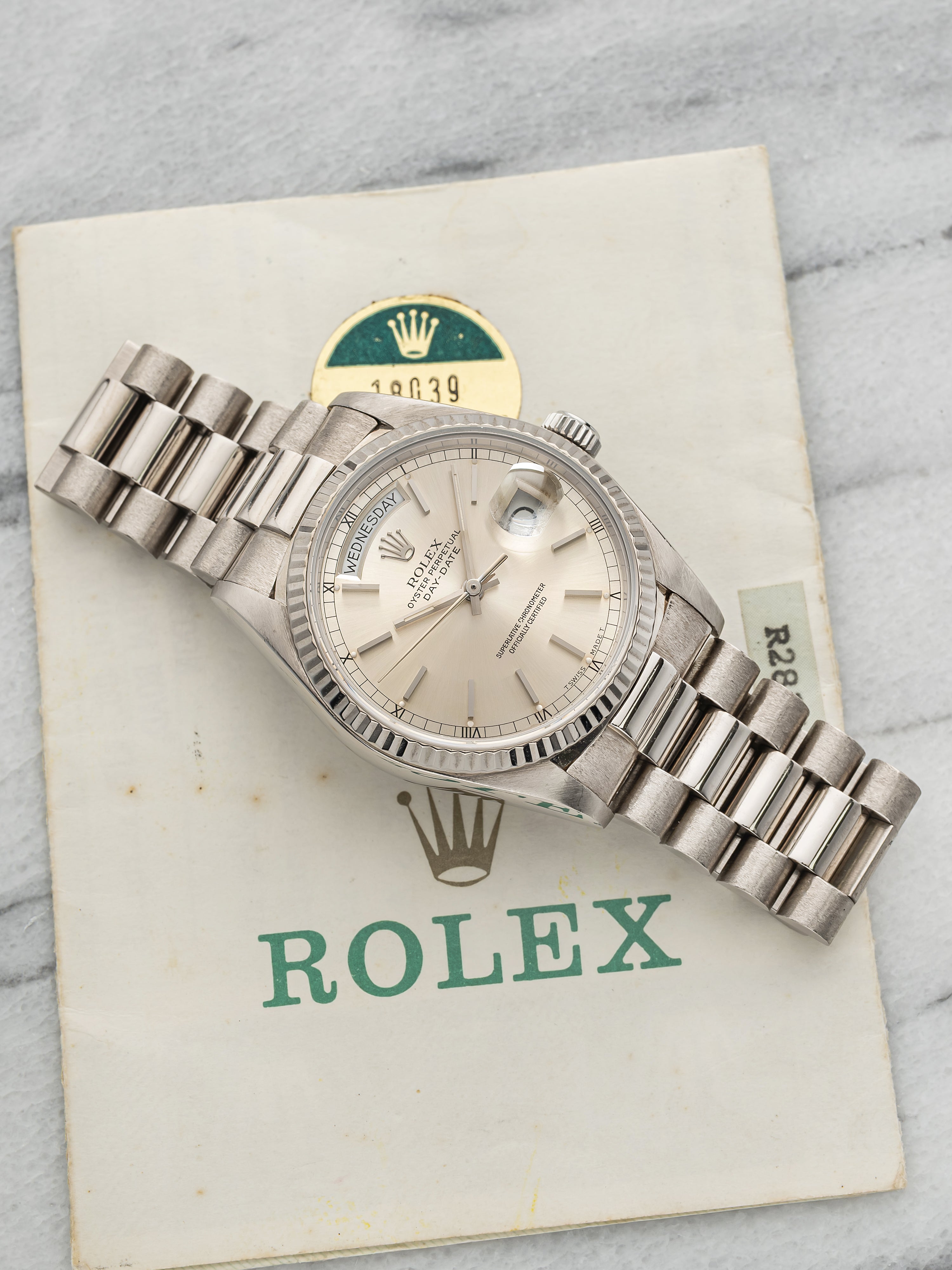 Vintage 1988 Rolex Day-Date 18039 18K White Gold Silver Dial Automatic 36mm
