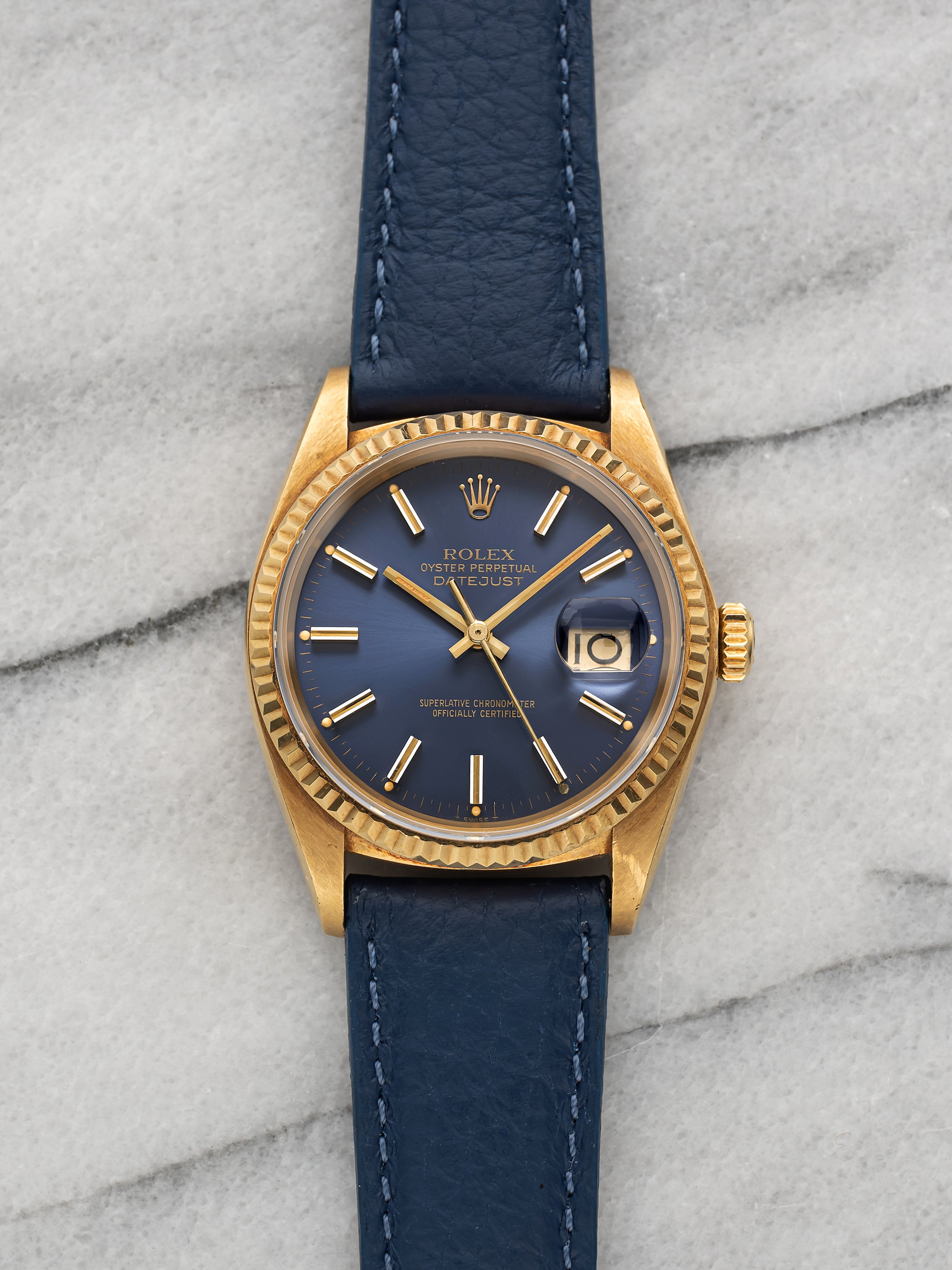 1981 Rolex Datejust 16018 18K Yellow Gold Blue Dial Automatic 36mm Papers