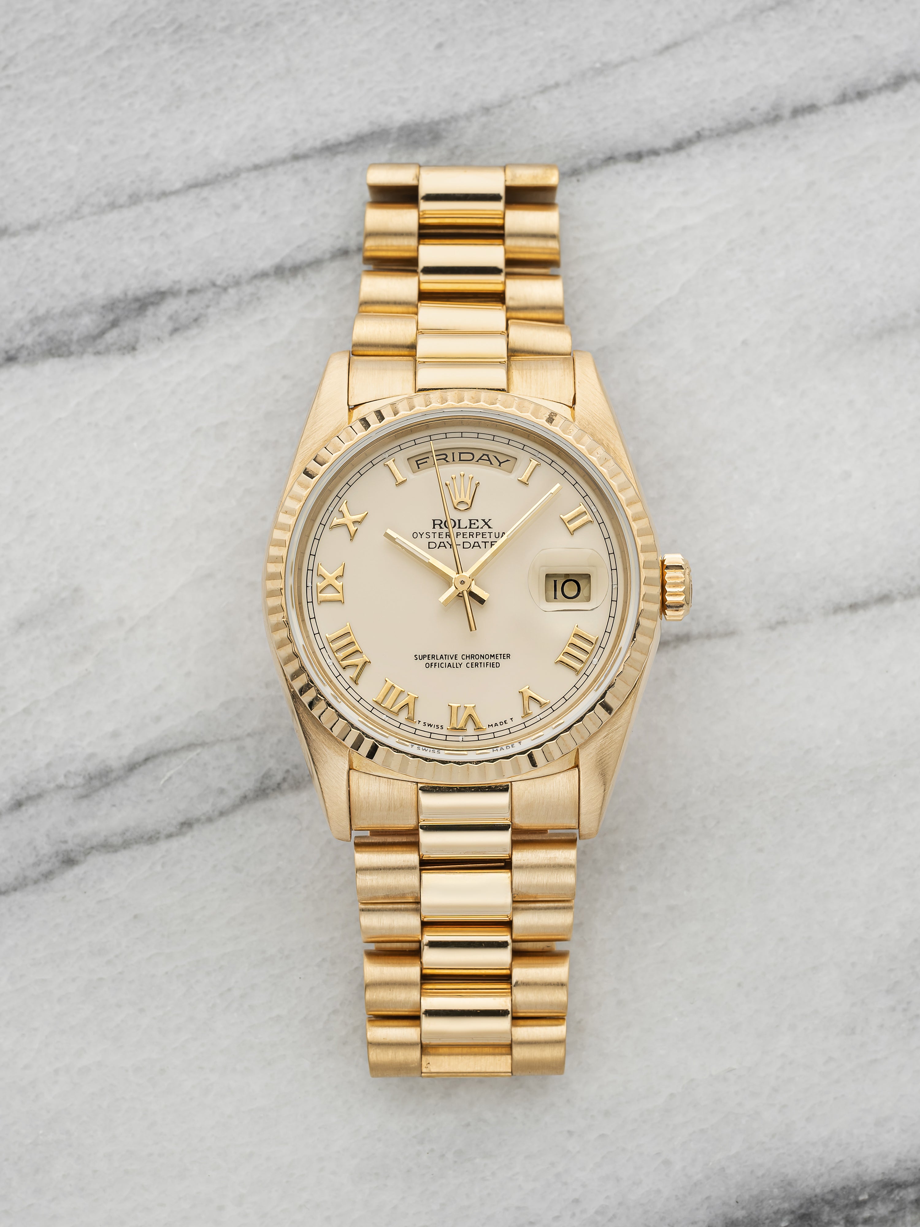 Vintage 1990 Rolex Day-Date 18238 18K Yellow Gold Ivory Roman Dial Auto 36mm