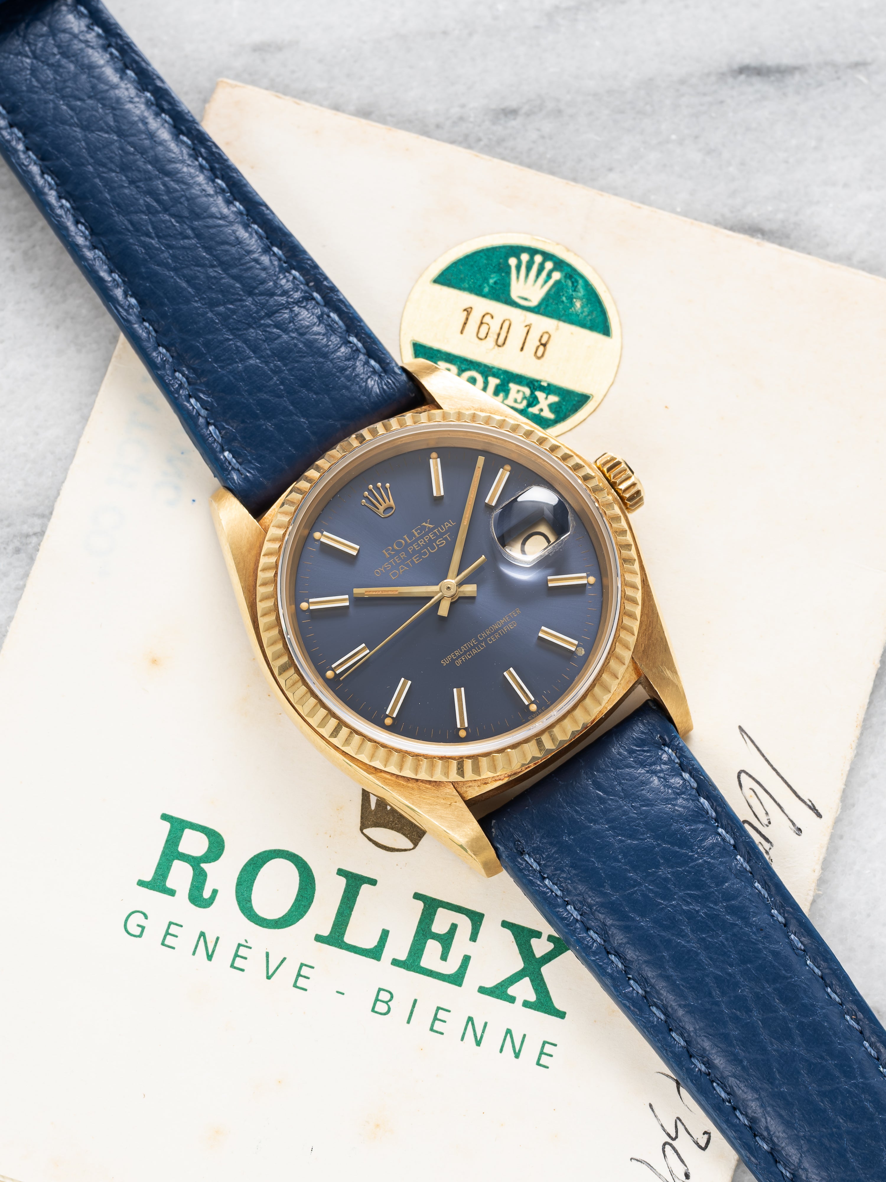 1981 Rolex Datejust 16018 18K Yellow Gold Blue Dial Automatic 36mm Papers