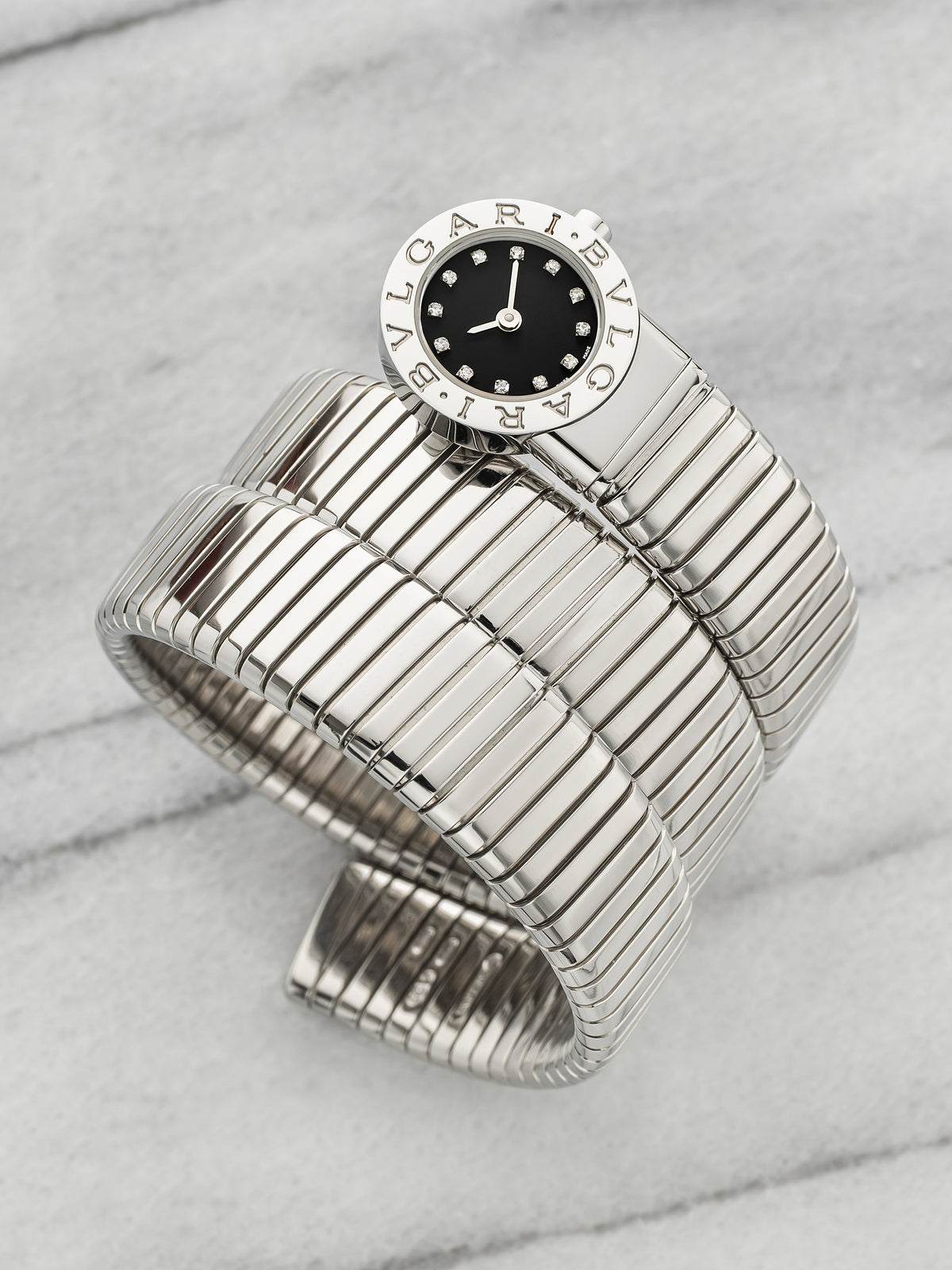 2000s Bvlgari Lady Serpenti Tubogas BB191TS Steel Black Diamond Dial Quartz 19mm