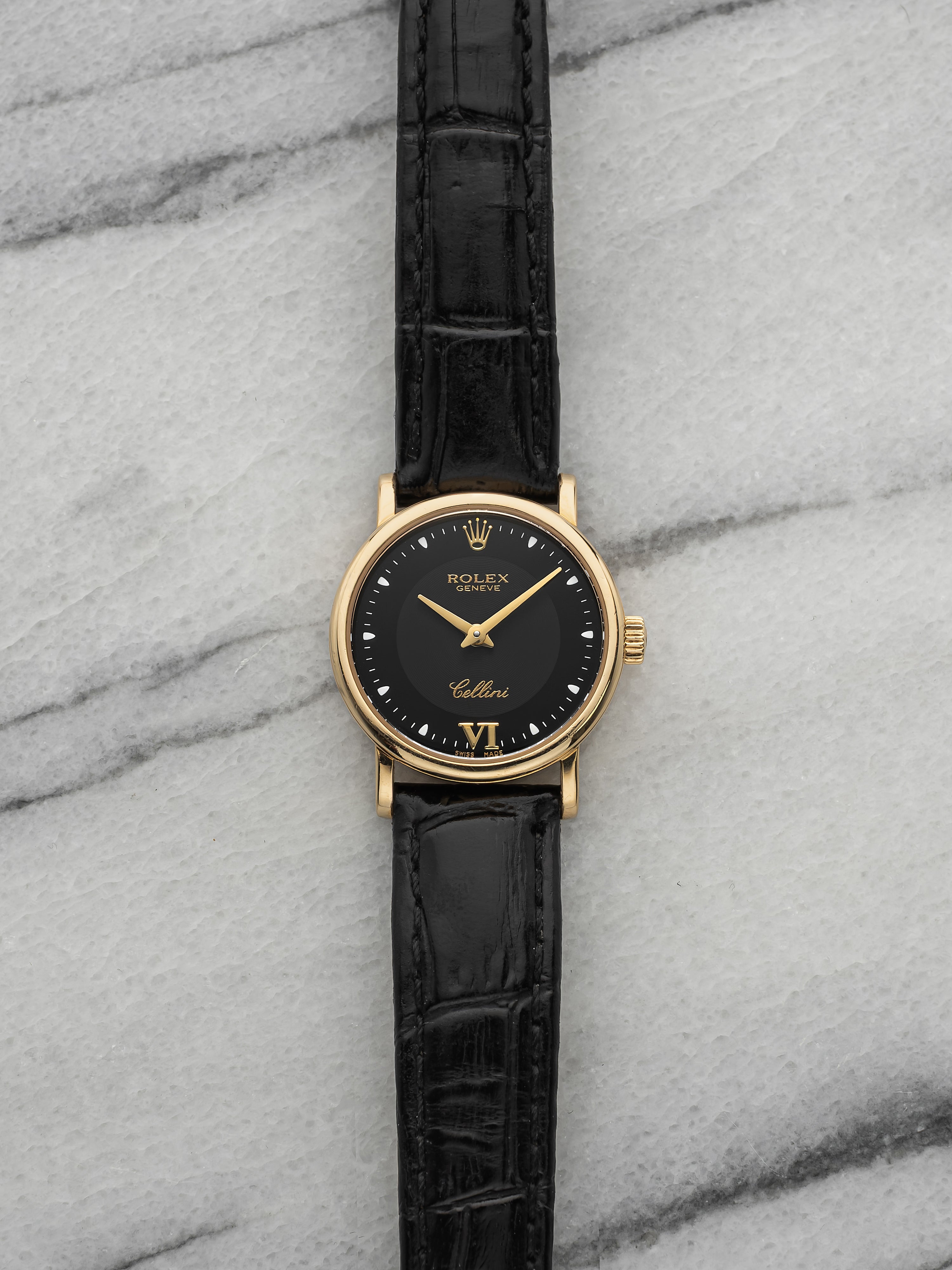Vintage 1999 Rolex Lady Cellini 6110 18K YG Black Bullseye Dial Quartz 25mm