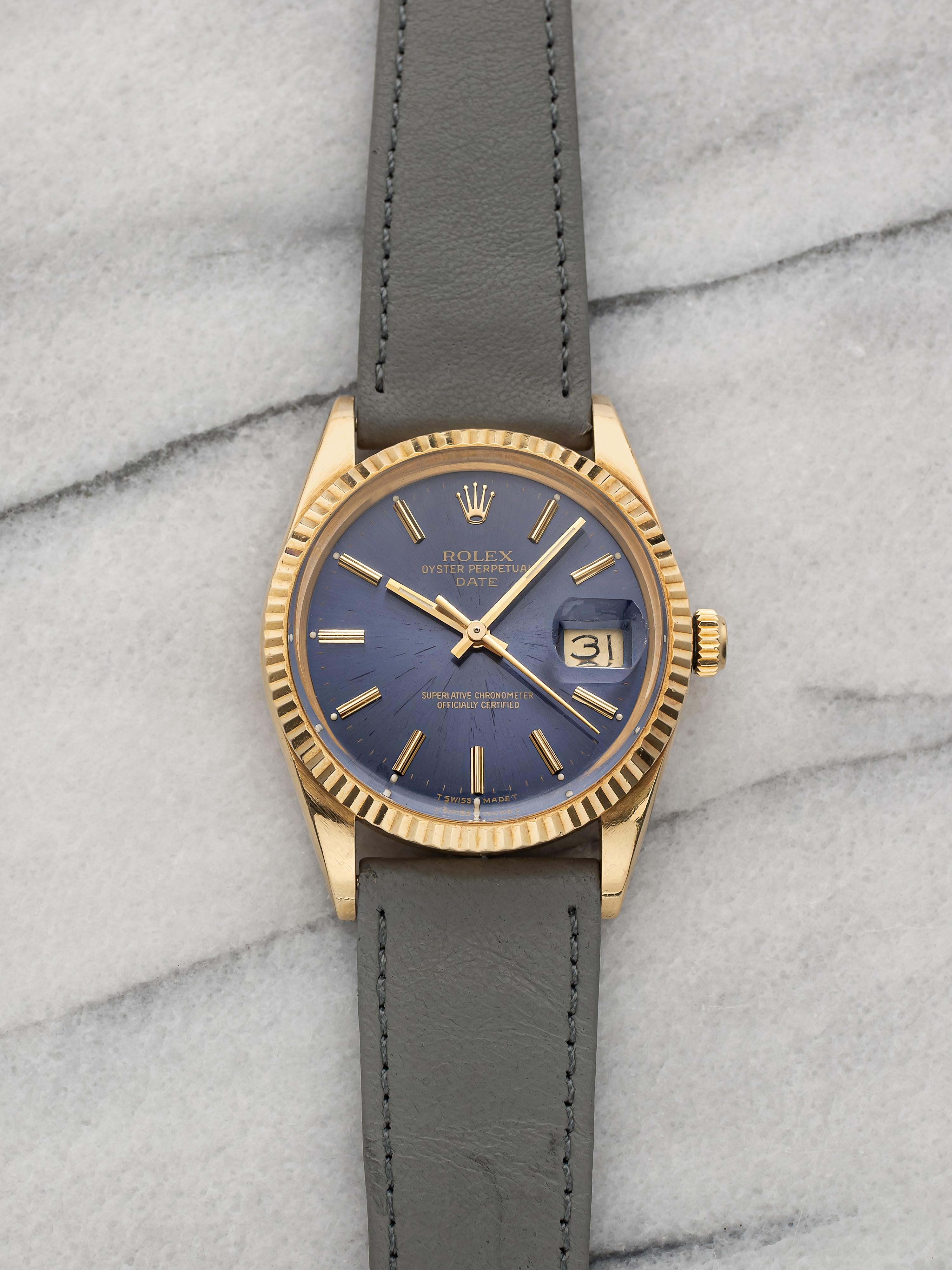 Vintage 1985 Rolex Oyster Perpetual Date 15038 18K YG Blue Dial 34 mm