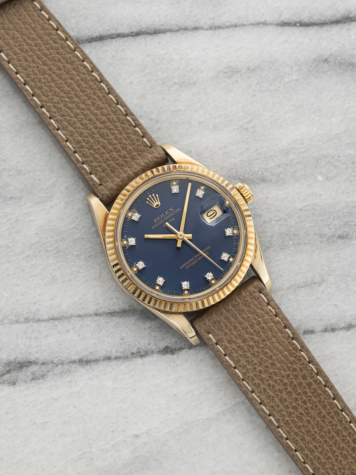 Vintage 1986 Rolex Oyster Perpetual Date 15037 14K YG Blue Diamond Auto 34mm
