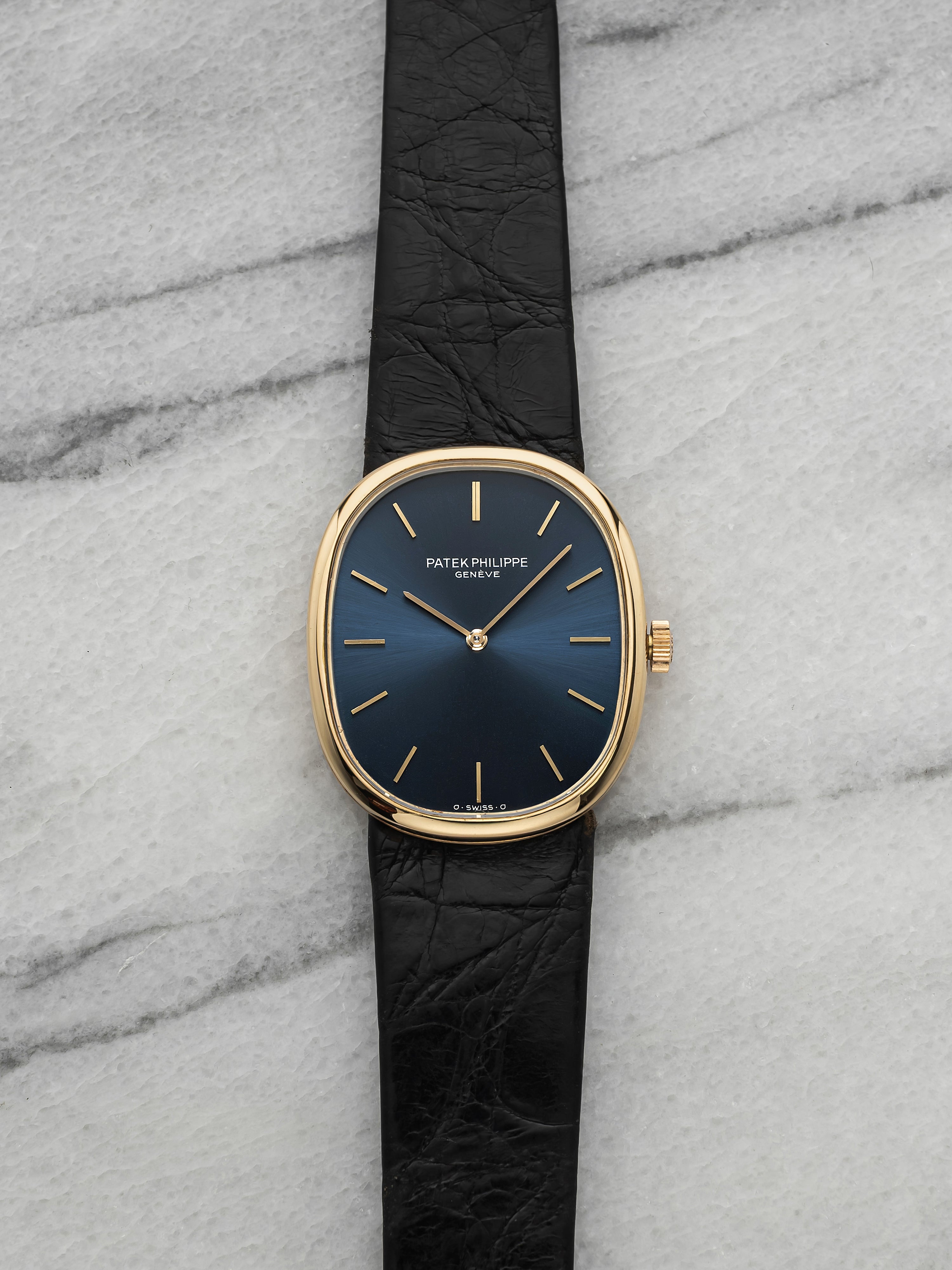 Vintage 1980s Patek Philippe Ellipse 3848J 18K YG Blue Sunburst Dial Manual 27mm