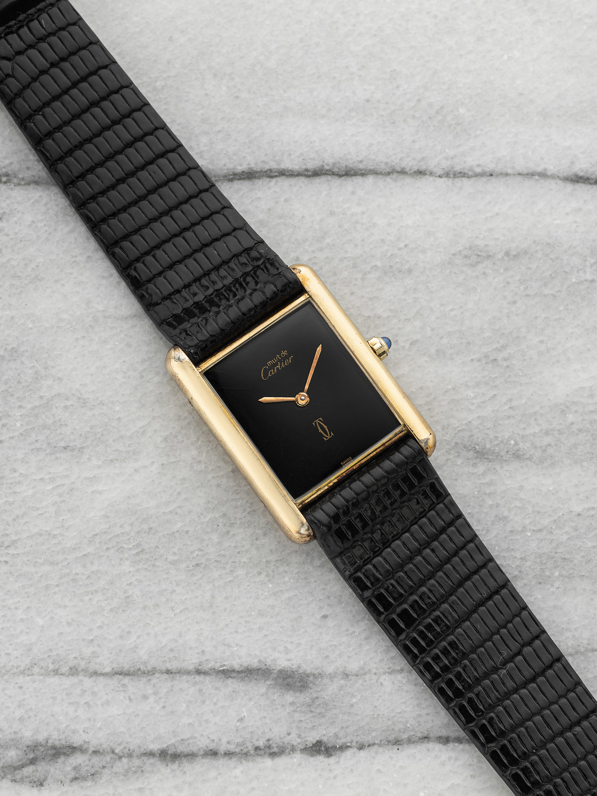 Vintage 1970s Cartier Lady Must de Cartier Tank 681006 Vermeil Black Quartz 23mm