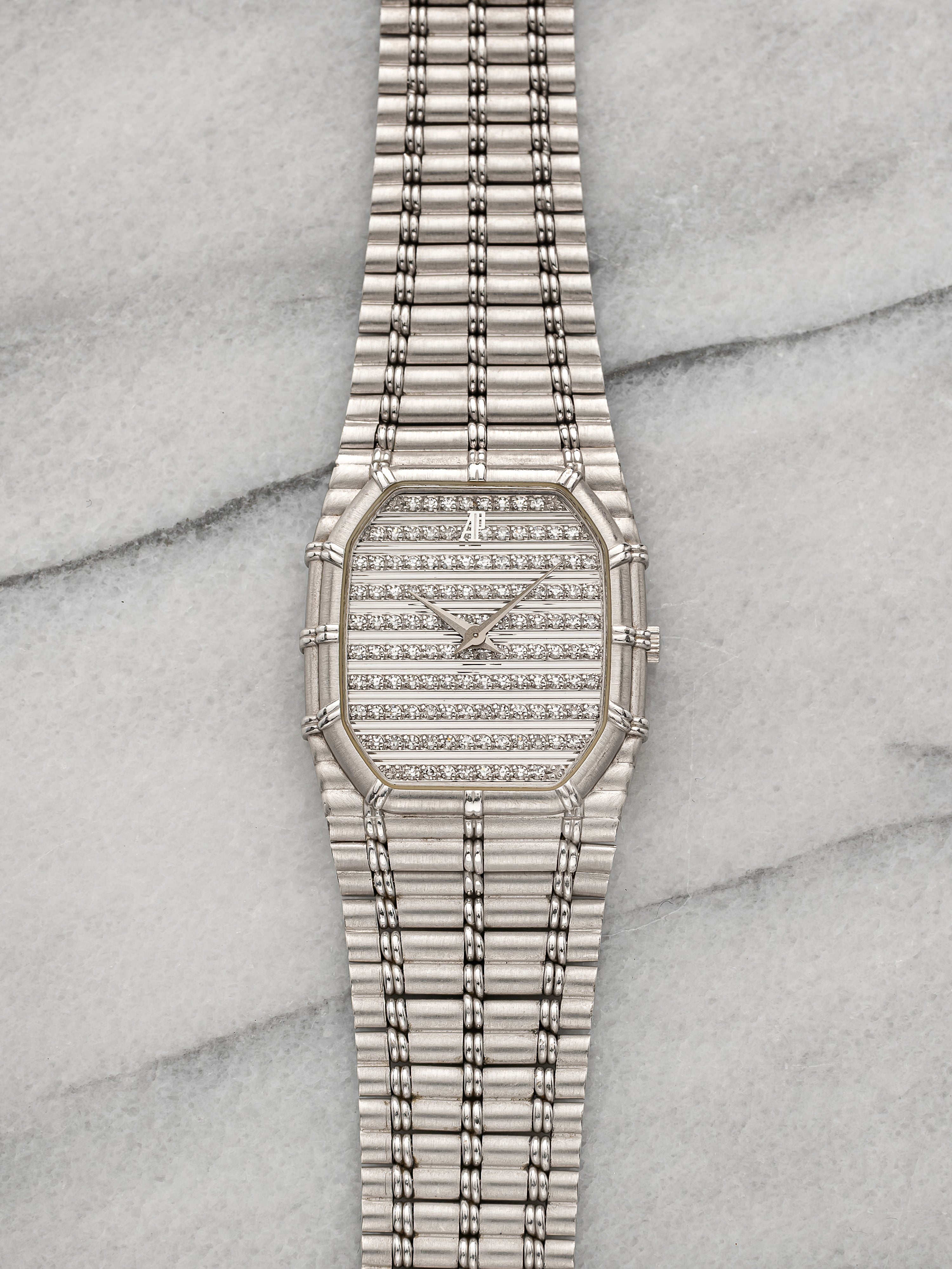Vintage 1980s Audemars Piguet Bamboo 18K WG Diamond Pave Gadroon Dial 27 mm