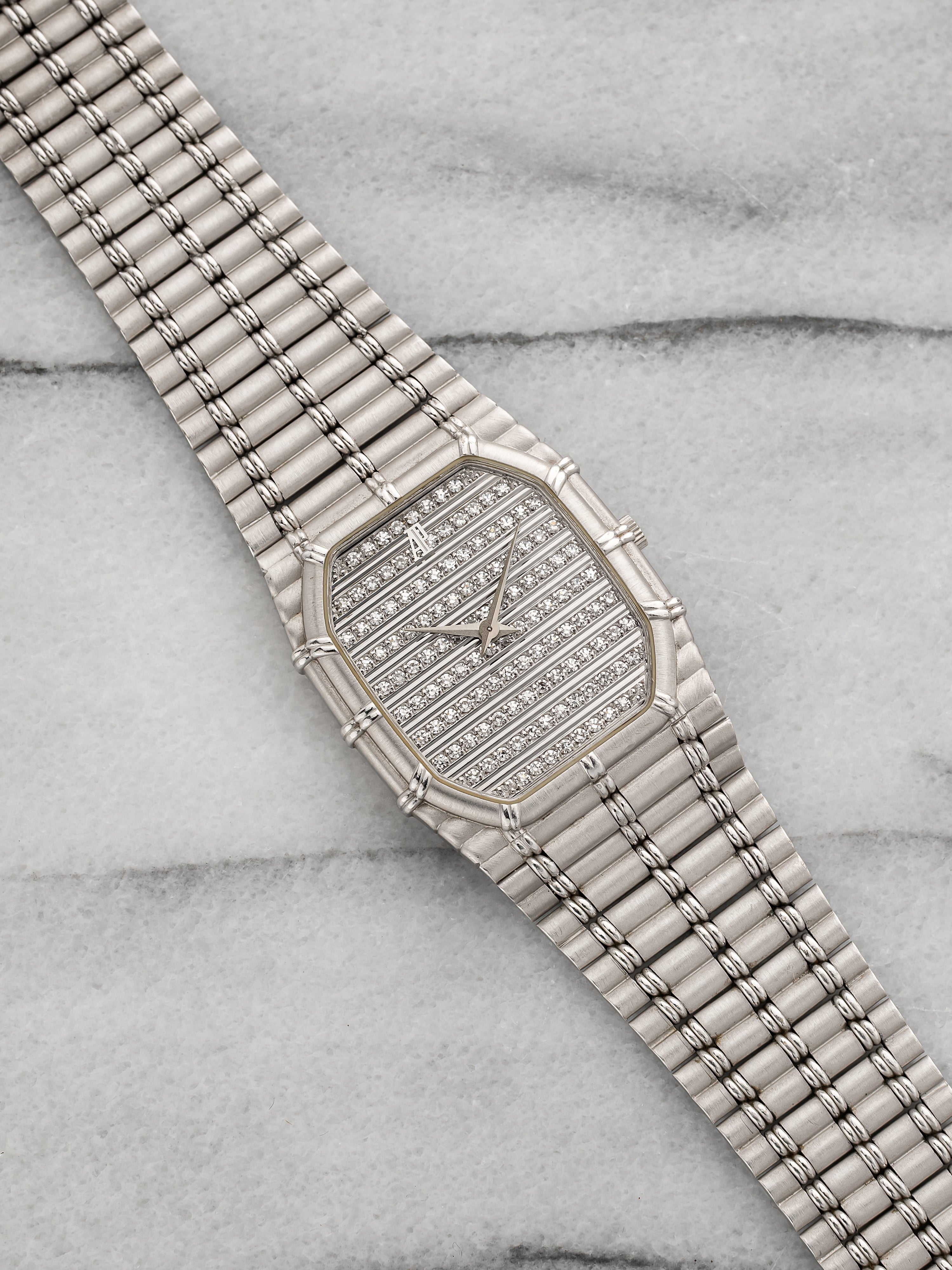 Vintage 1980s Audemars Piguet Bamboo 18K WG Diamond Pave Gadroon Dial 27 mm
