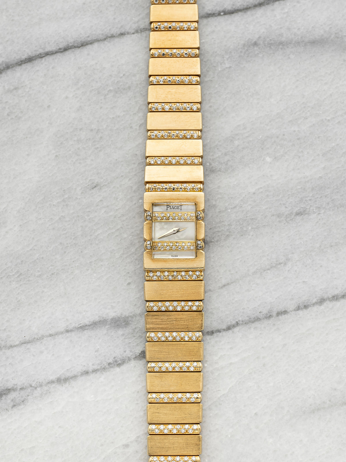 Vintage 1970s Ladies Piaget Mini Polo 18K YG MoP Diamond Gadroon Quartz 14mm