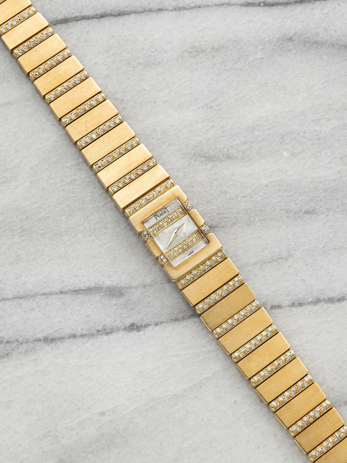 Vintage 1970s Ladies Piaget Mini Polo 18K YG MoP Diamond Gadroon Quartz 14mm