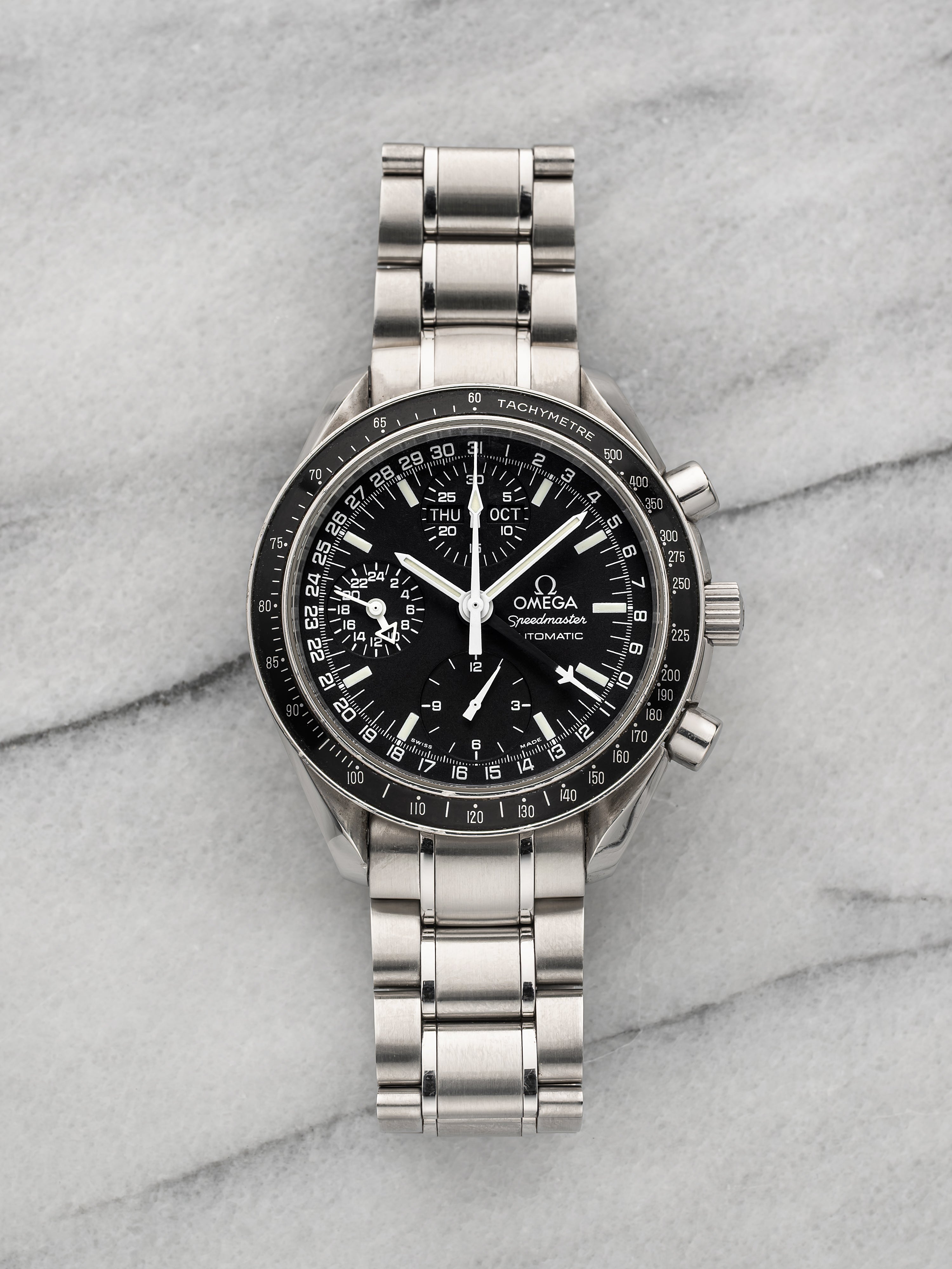 1990s Omega Speedmaster Day Date 3520.50.00 Stainless Steel Black Dial Automatic