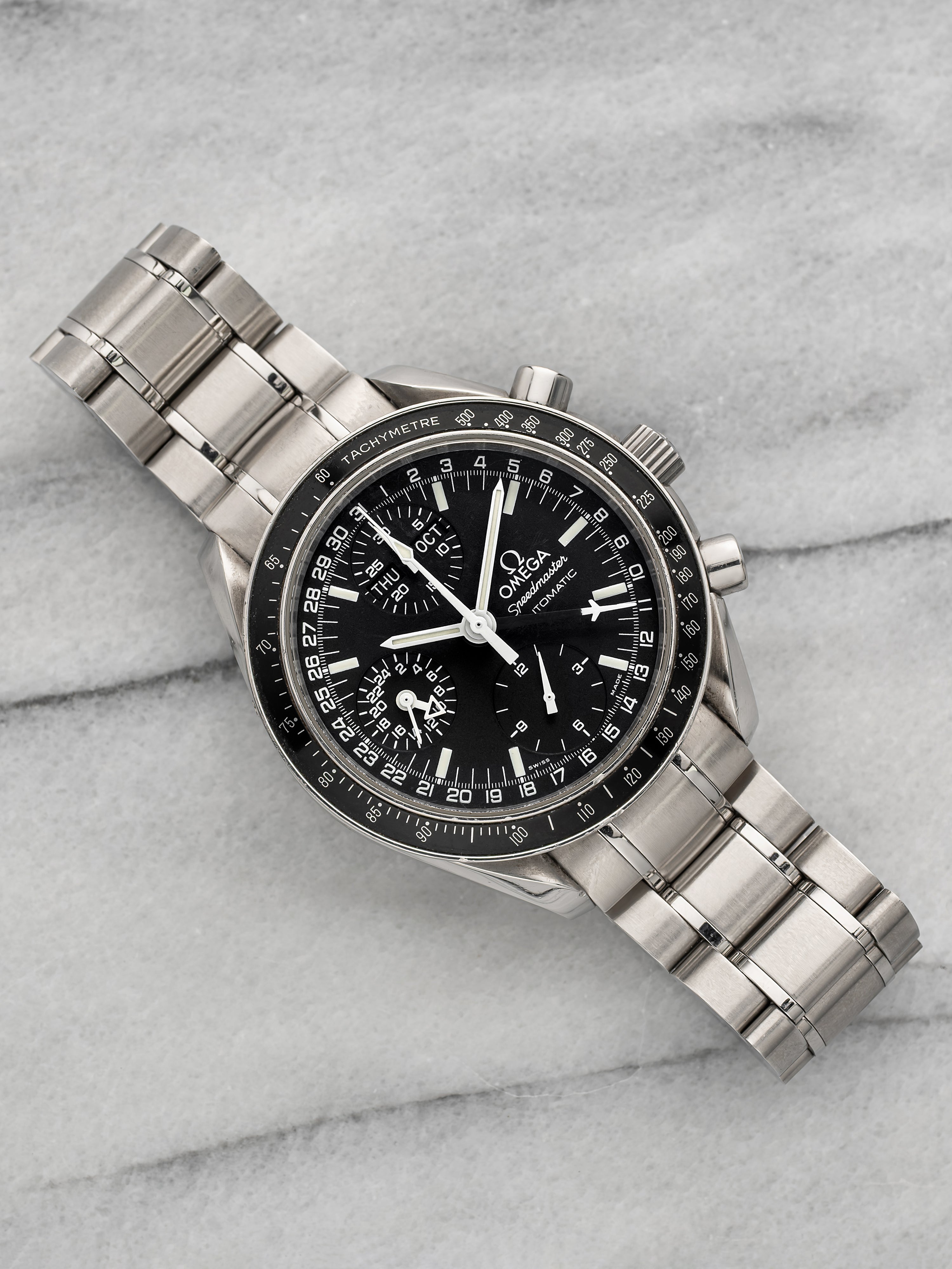 1990s Omega Speedmaster Day Date 3520.50.00 Stainless Steel Black Dial Automatic