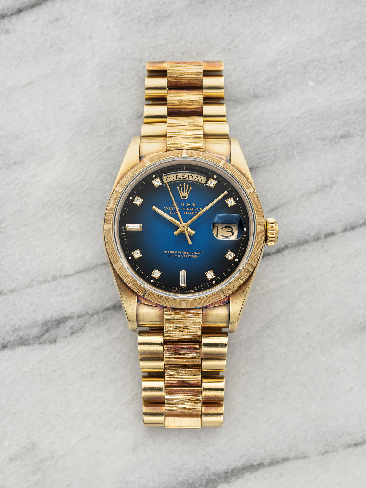 Vintage 1985 Rolex Day-Date 18078 18K YG Bark Blue Vignette Diamond Dial 36mm