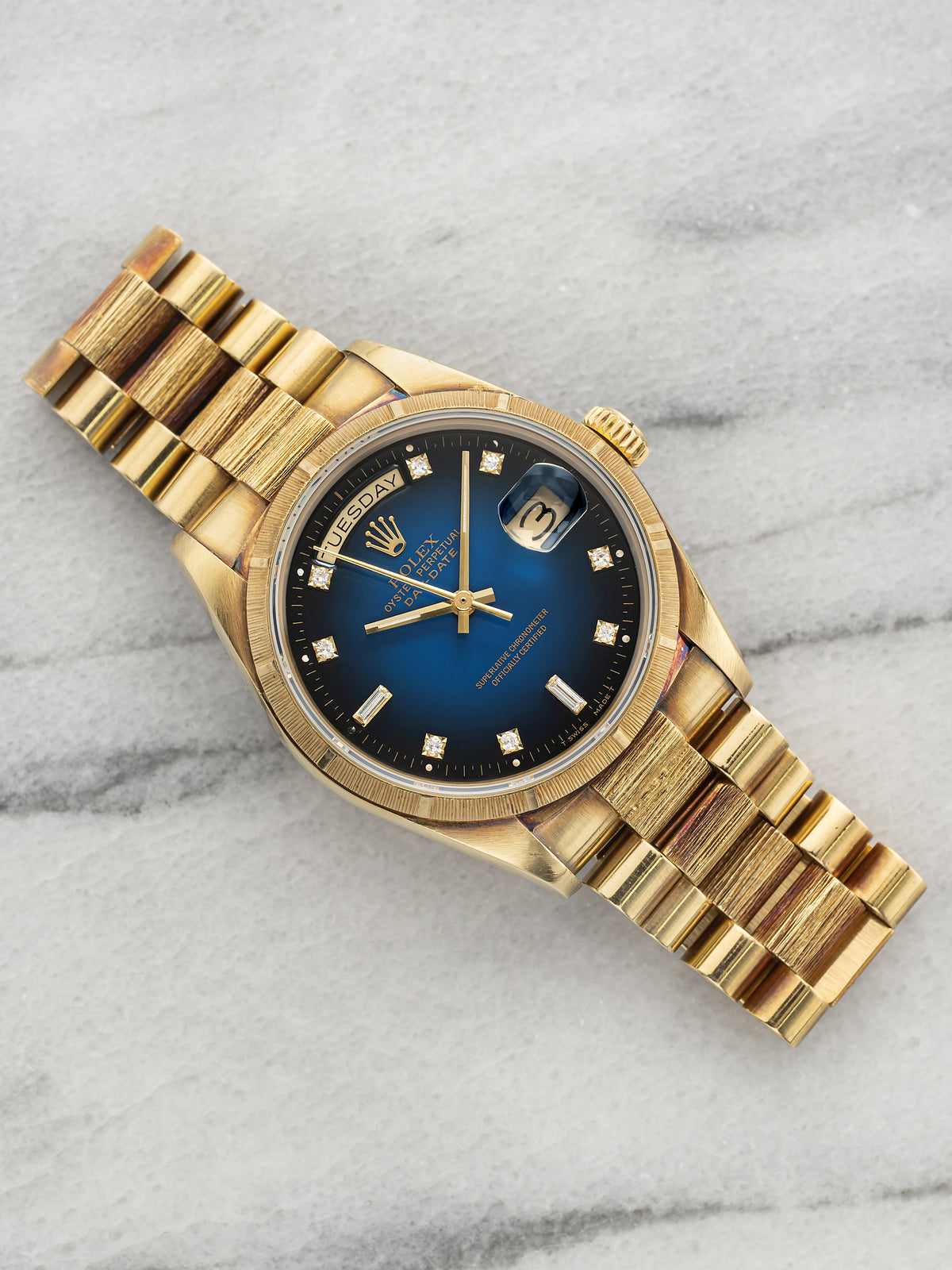 Vintage 1985 Rolex Day-Date 18078 18K YG Bark Blue Vignette Diamond Dial 36mm