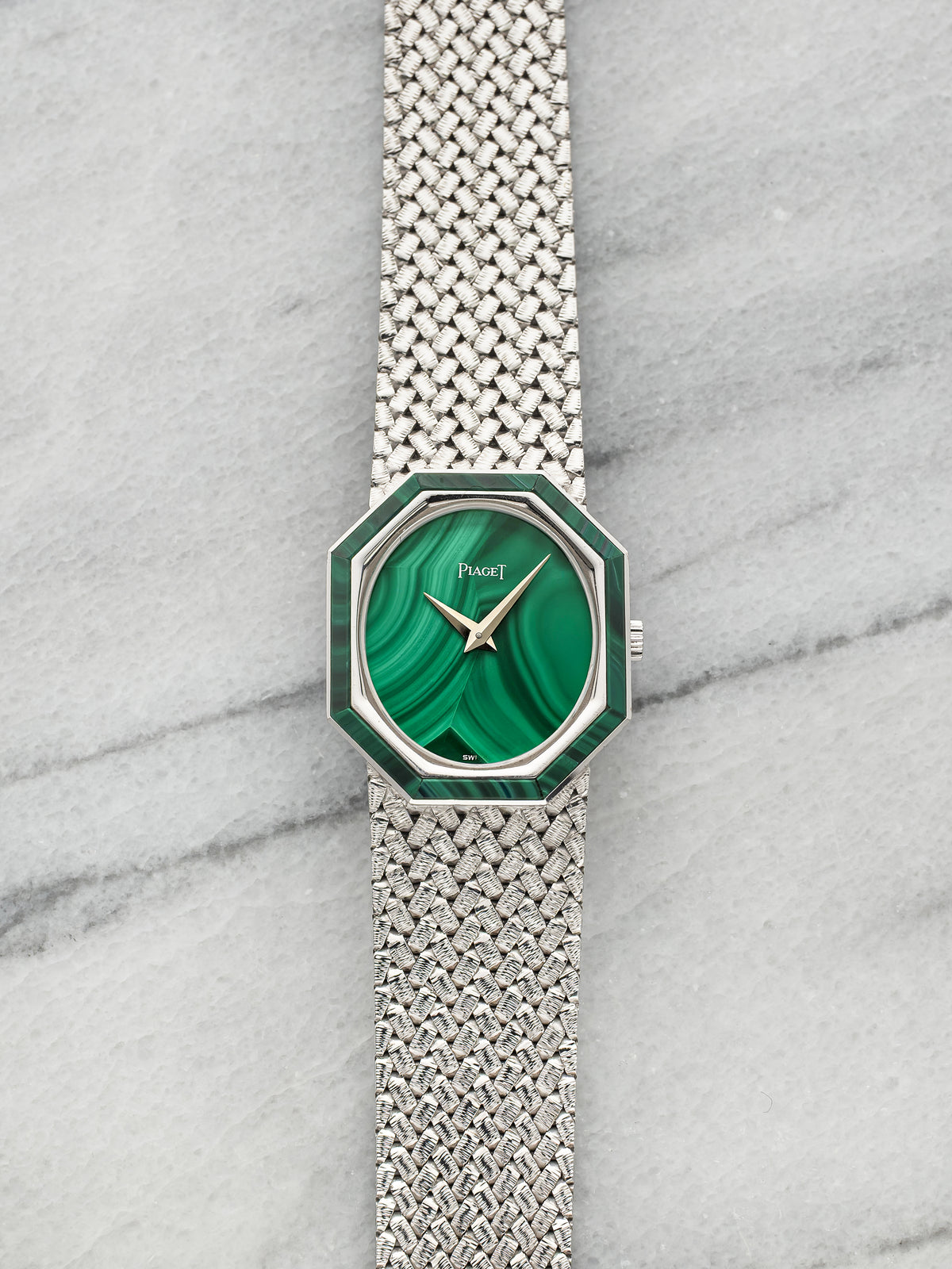 Vintage 1970s Piaget Octagonal 9341P5 18K WG Malachite Stone Dial Manual 23mm