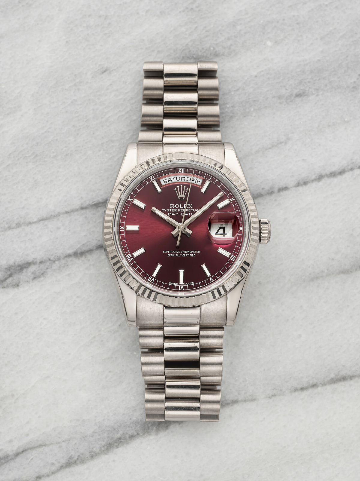 Vintage 1999 Rolex Day-Date 118239 18K White Gold Cherry Sunburst Dial Auto 36mm