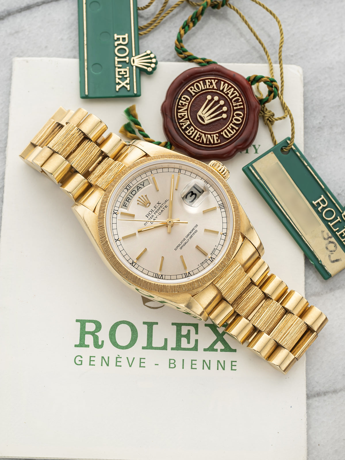 Vintage 1979 Rolex Day-Date 18078 18K YG Bark Finish Silver Dial Auto 36mm