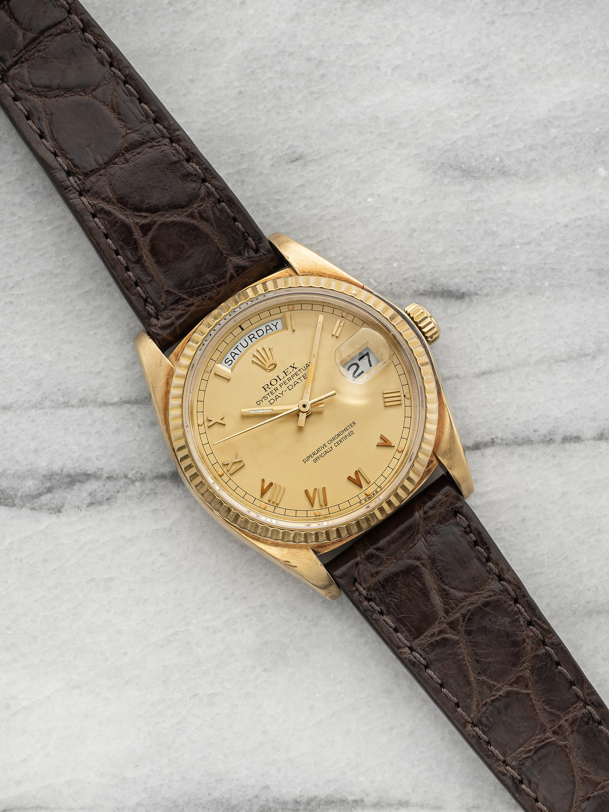 1980 Rolex Day-Date 18038 18K Yellow Gold Champagne Roman Dial Automatic 36mm