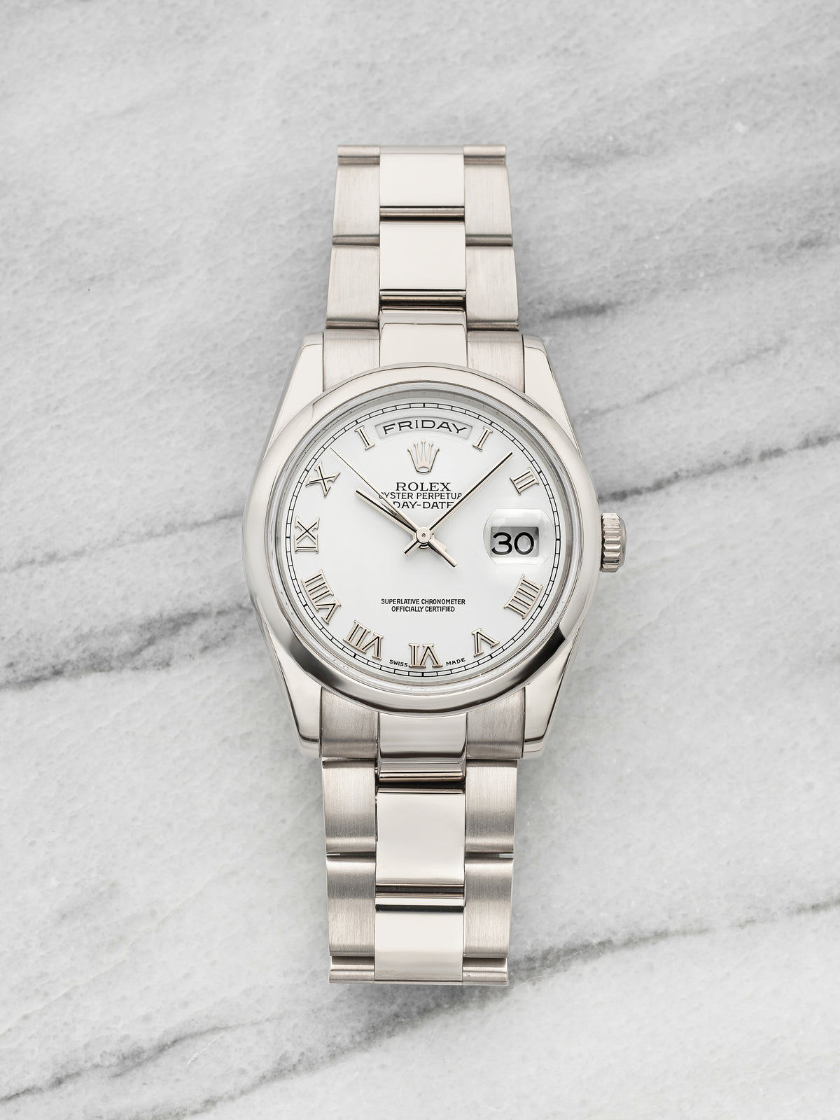 2002 Rolex Day-Date 118209 18K White Gold White Roman Dial Automatic 36mm