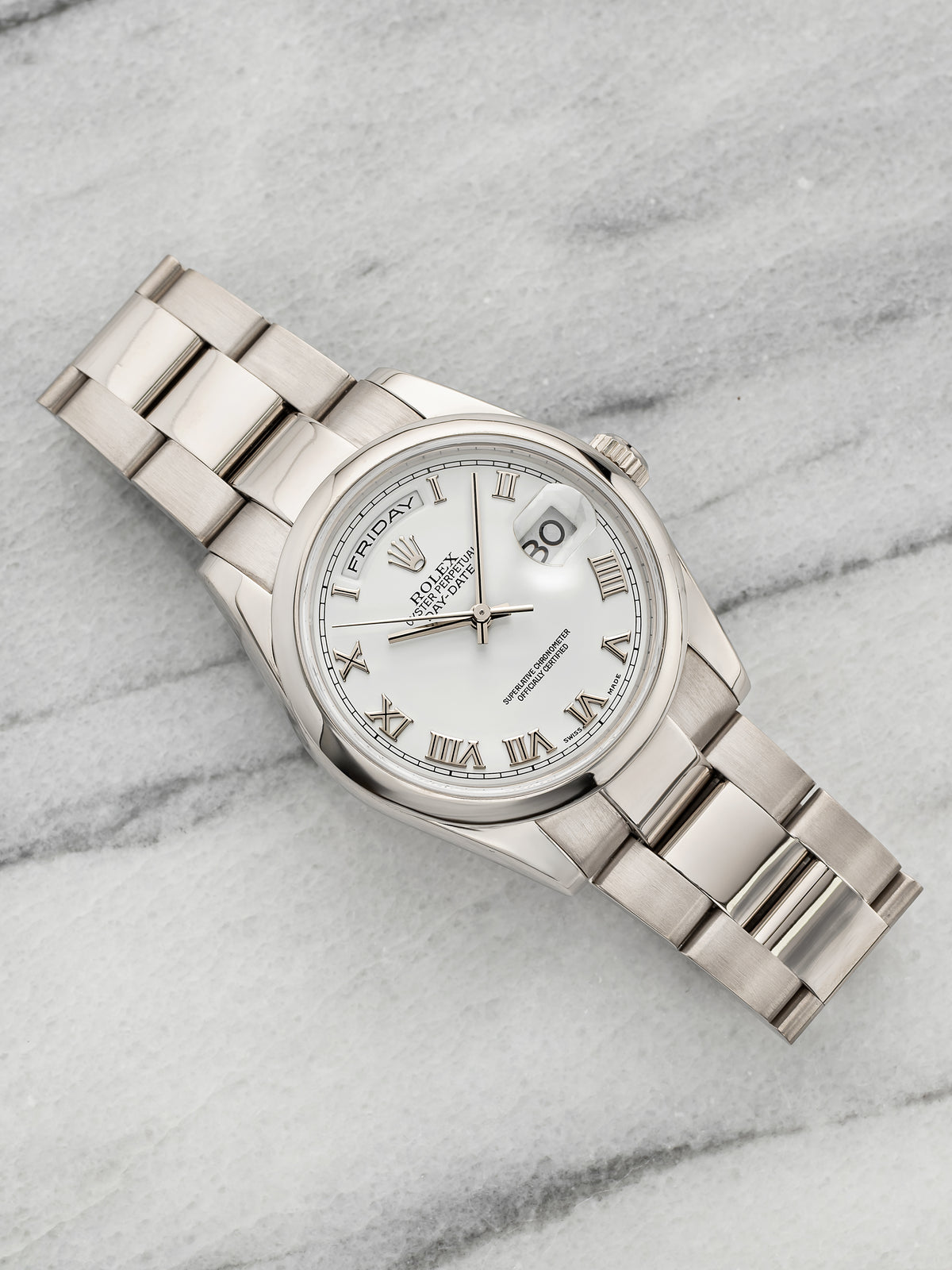2002 Rolex Day-Date 118209 18K White Gold White Roman Dial Automatic 36mm