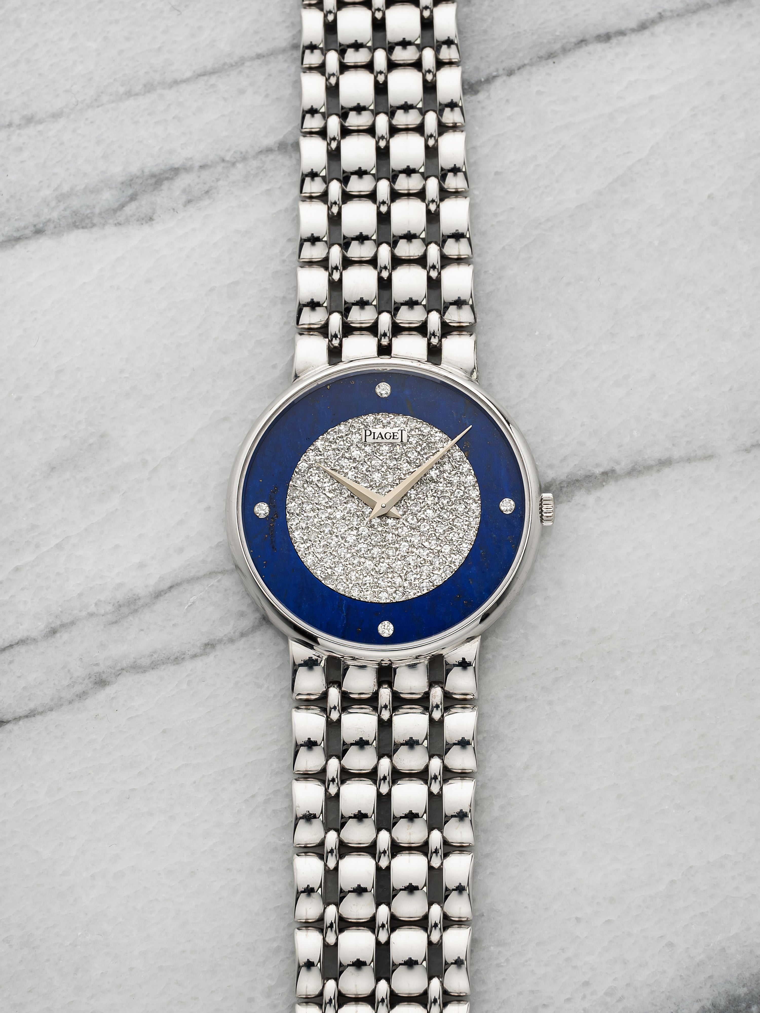 Vintage 1980s Piaget 8065 K61 18K White Gold Lapis Diamond Dial Quartz 32mm