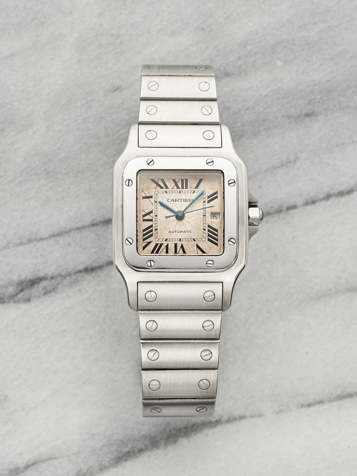 Vintage 1990s Cartier Santos 2319 Stainless Steel Cream Patina Dial Auto 29mm