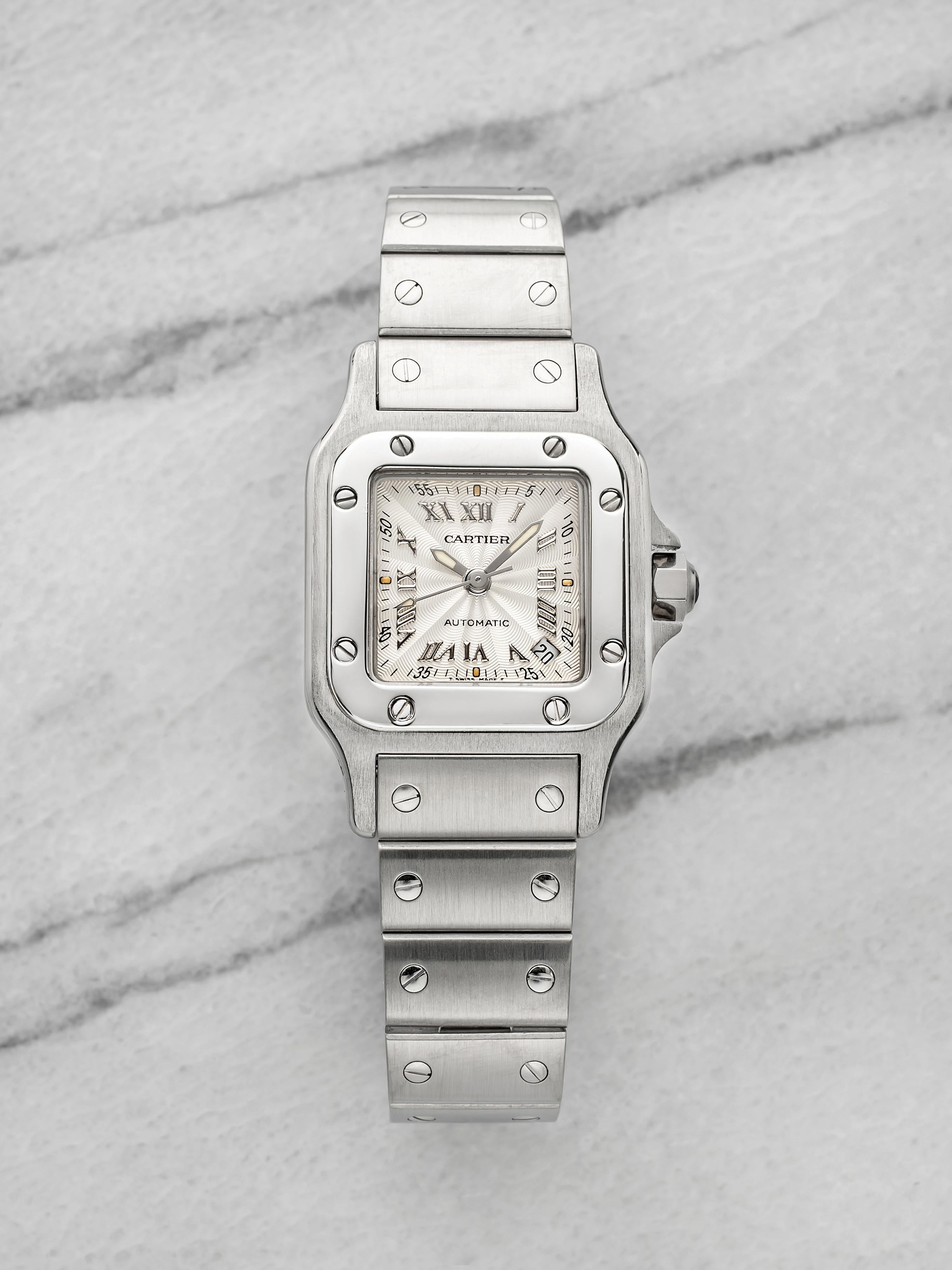 2000s Ladies Cartier Santos Galbee 2423 Steel Silver Guilloche Dial Auto 24mm