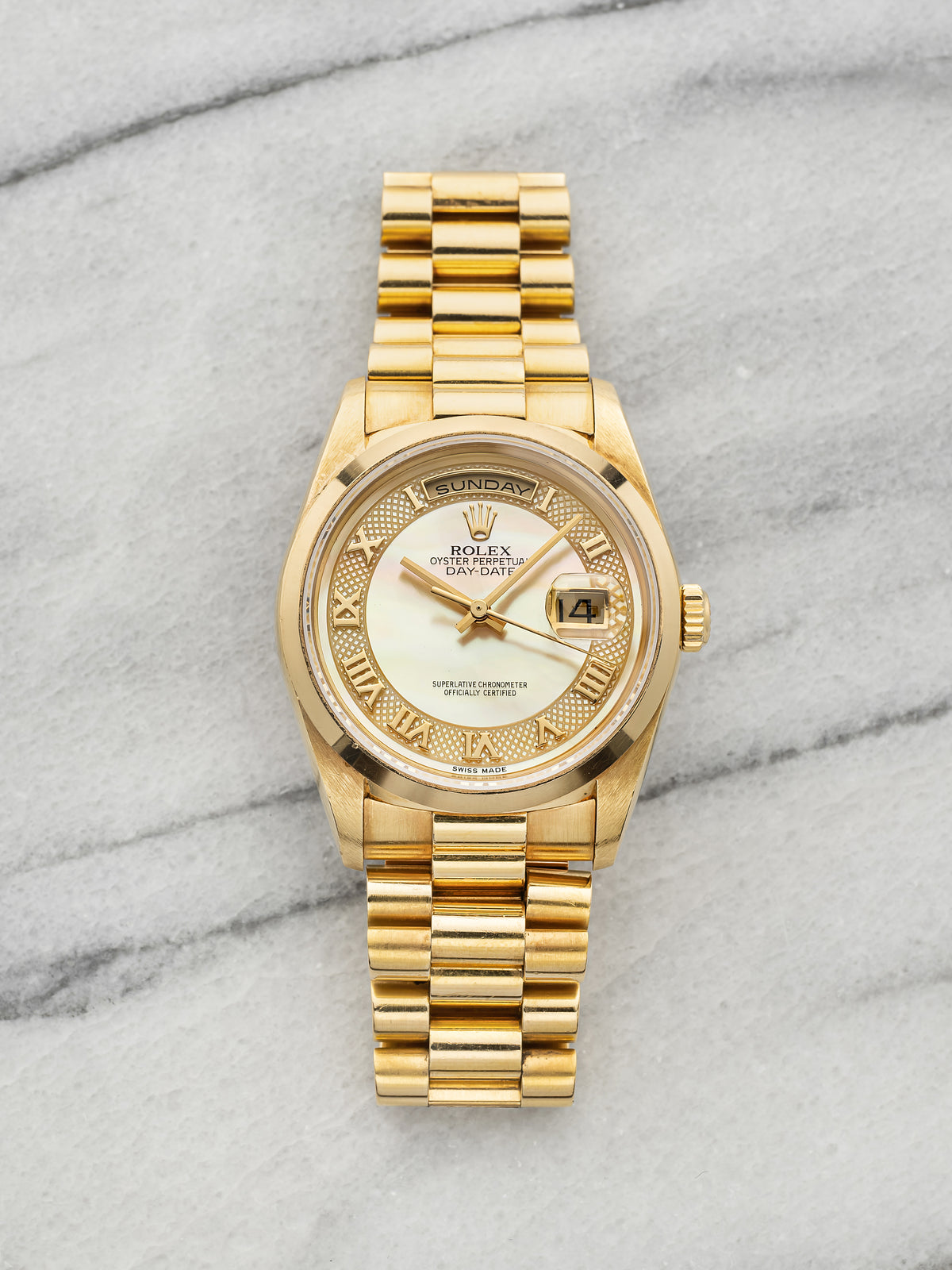 Vintage 1999 Rolex Day-Date 18208 18K YG Mother of Pearl Guilloche Auto 36mm