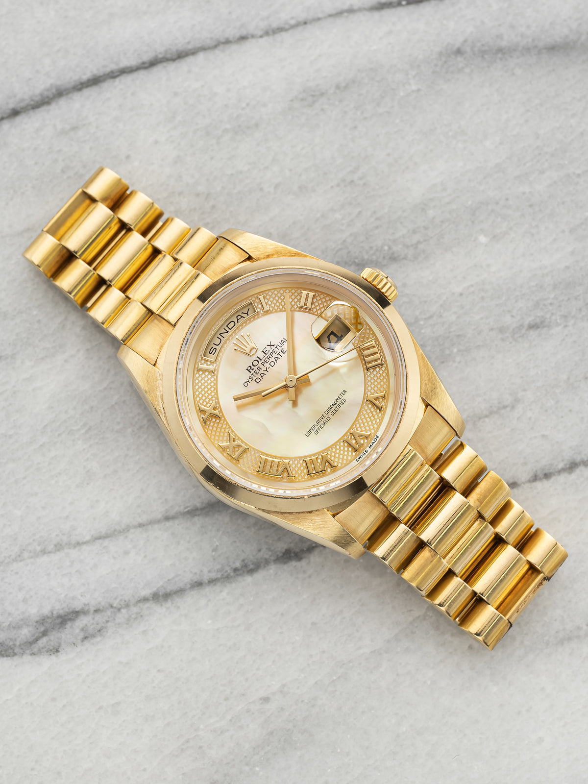 Vintage 1999 Rolex Day-Date 18208 18K YG Mother of Pearl Guilloche Auto 36mm