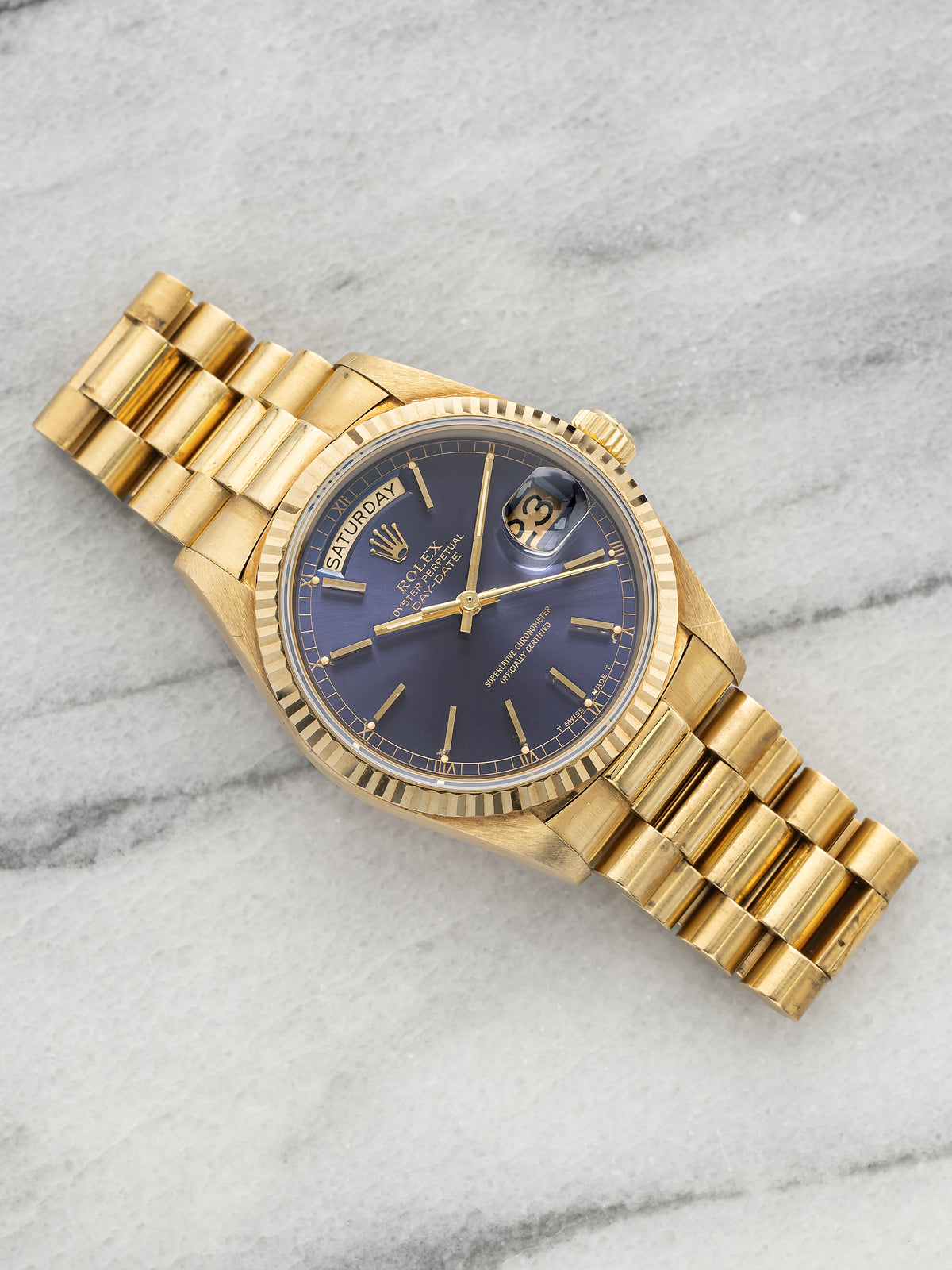 Vintage 1987 Rolex Day-Date 18038 18K Yellow Gold Purple Sunburst Dial Auto 36mm