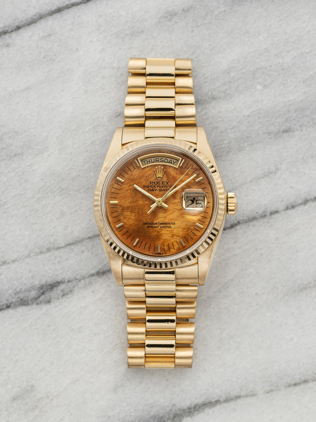Vintage 1986 Rolex Day-Date 18038 18K Yellow Gold Birch Burl Wood Dial Auto 36mm