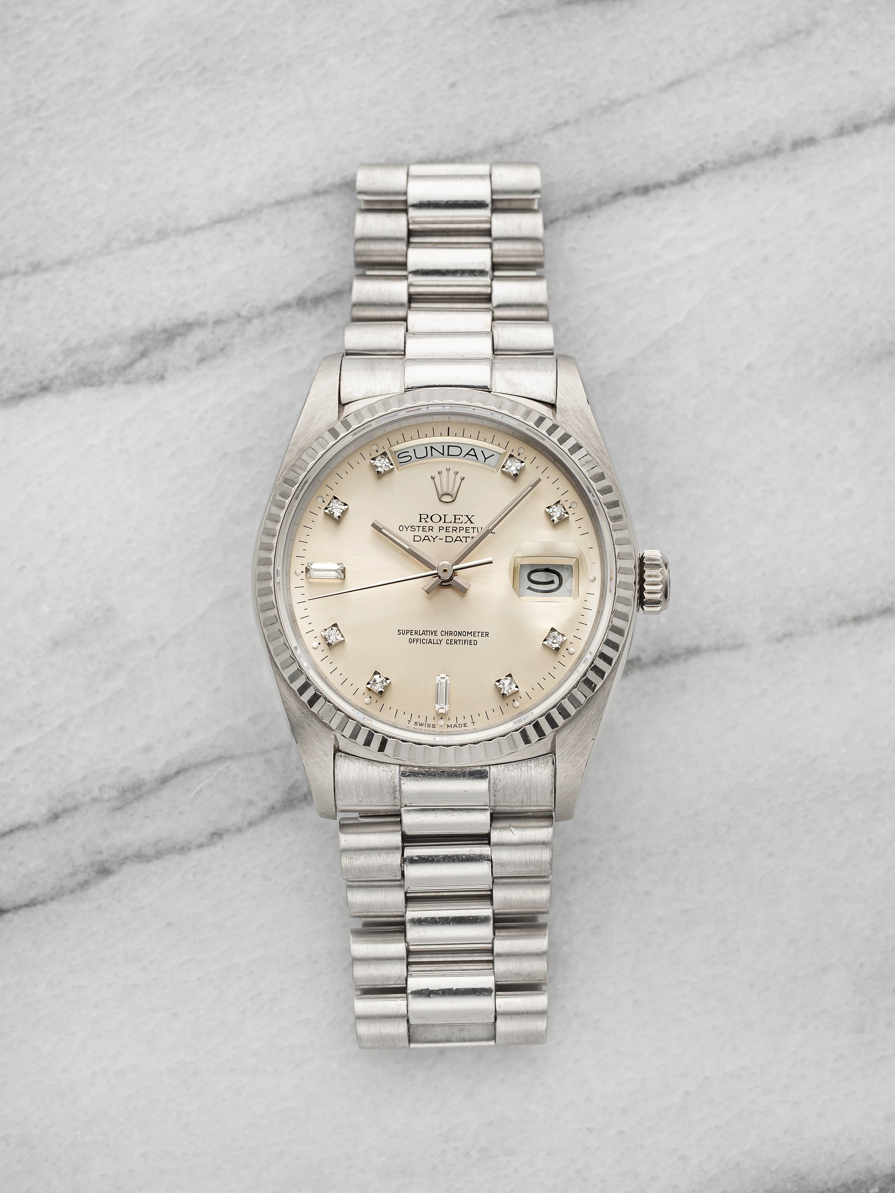 Vintage 1989 Rolex Day-Date 18039 18K White Gold Silver Diamond Dial Auto 36mm