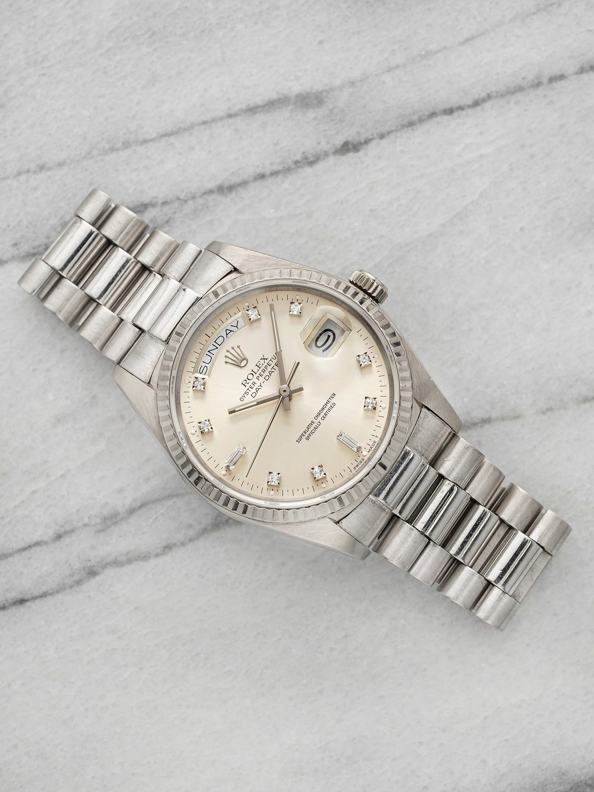 Vintage 1989 Rolex Day-Date 18039 18K White Gold Silver Diamond Dial Auto 36mm