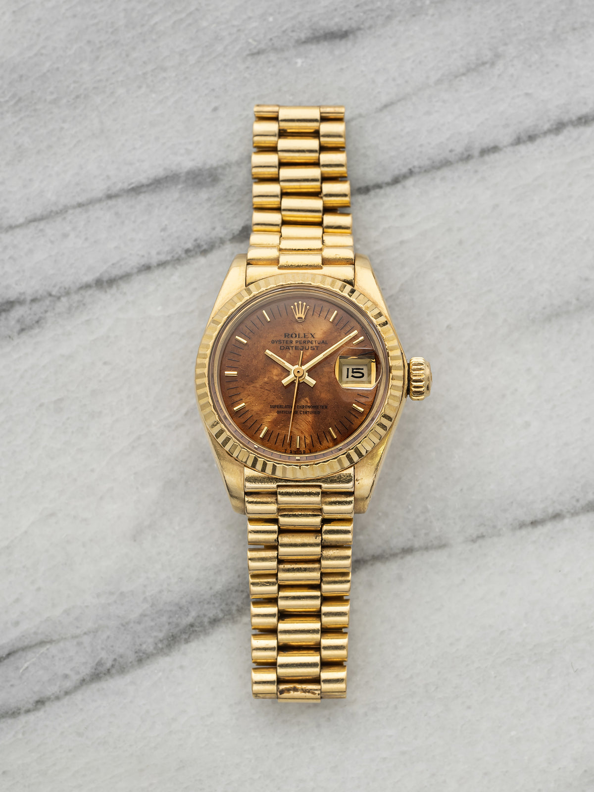 Vintage 1979 Rolex Lady Datejust 6917 18K YG Birch Wood Dial Auto 26mm