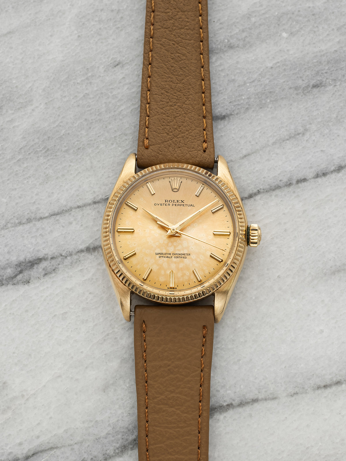 Vintage 1960 Rolex Oyster Perpetual 1005 18K YG Champagne Sunburst Dial 34mm