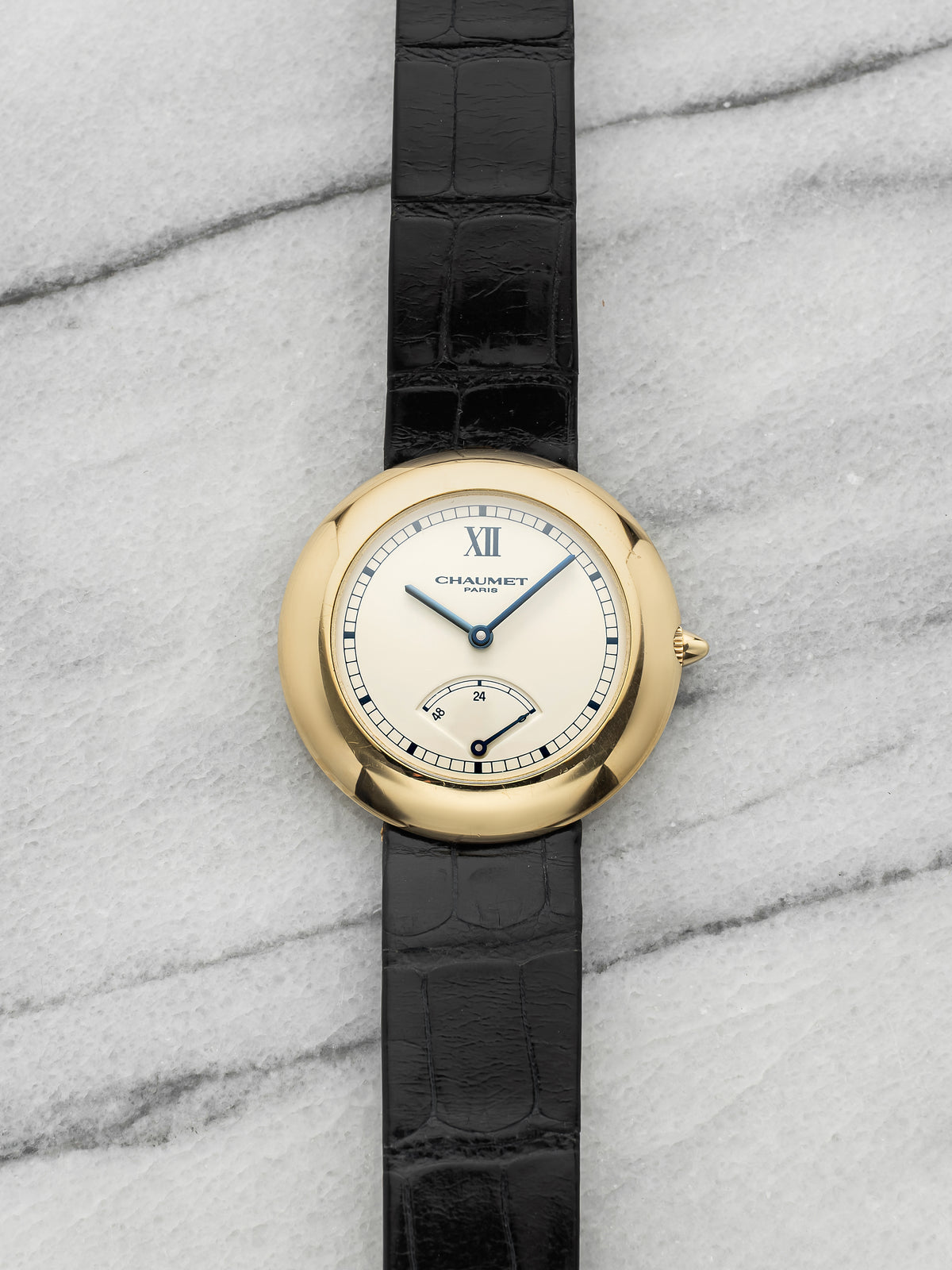 Vintage 1990s Chaumet UFO 12A 18K Yellow Gold Cream Power Reserve Dial Auto 36mm