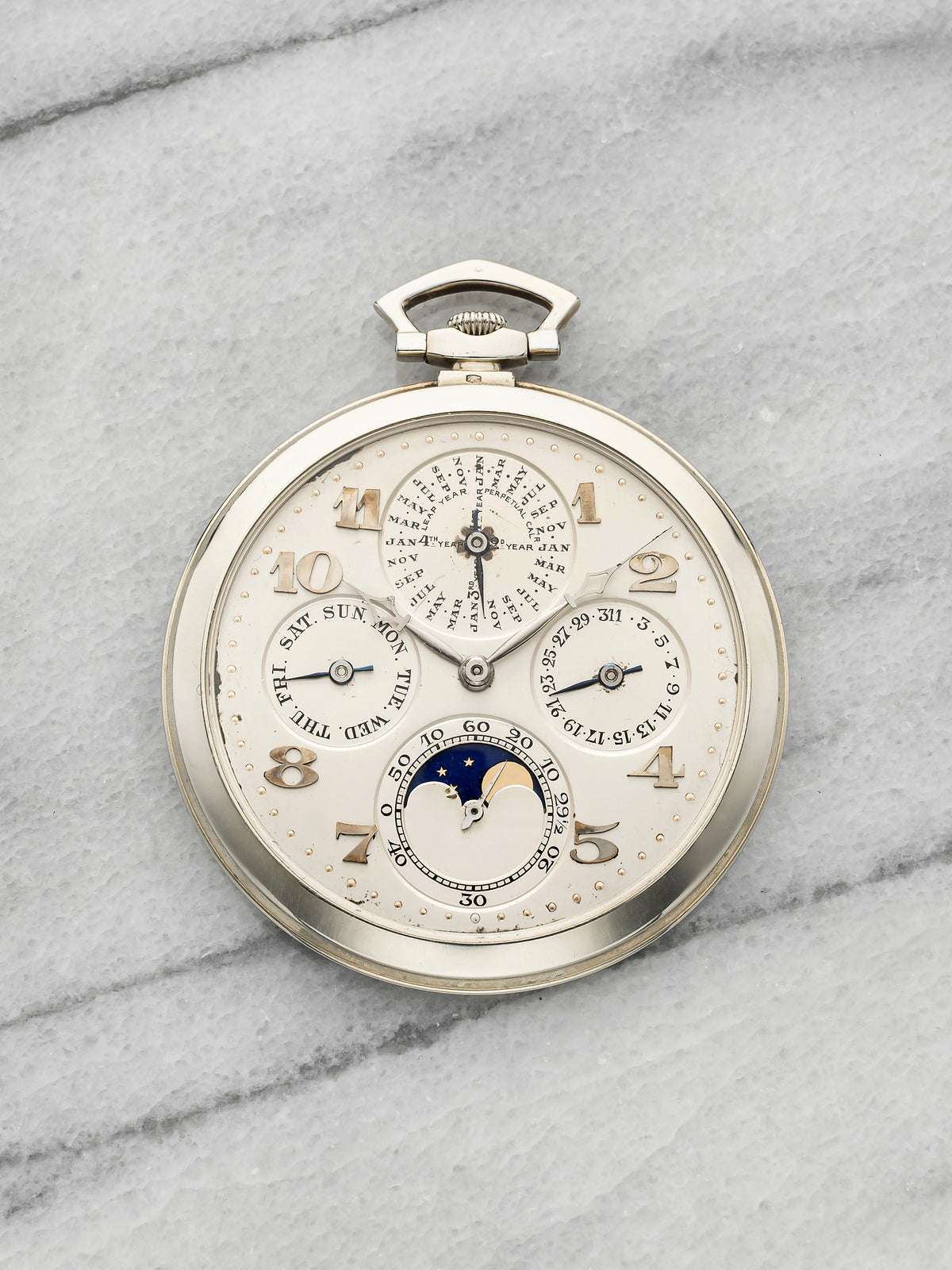 Vintage 1920s Patek Philippe QP Moonphase Pocket Watch 18K WG Silver Manual 46mm
